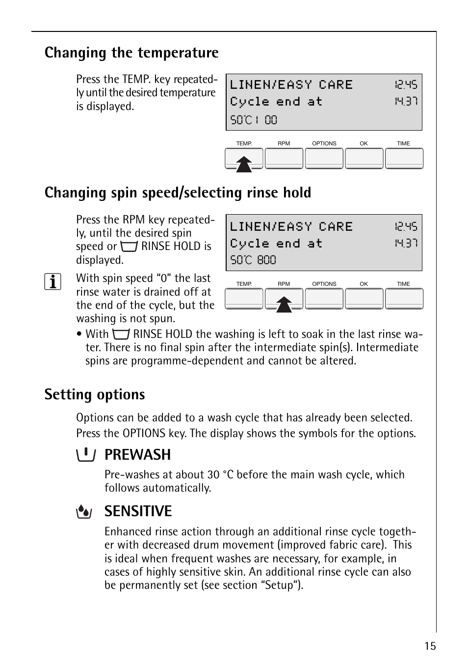 Changing the temperature, Changing spin speed/selecting rinse hold, Setting options | Prewash, Sensitive | AEG LAVAMAT 88810 User Manual | Page 15 / 48