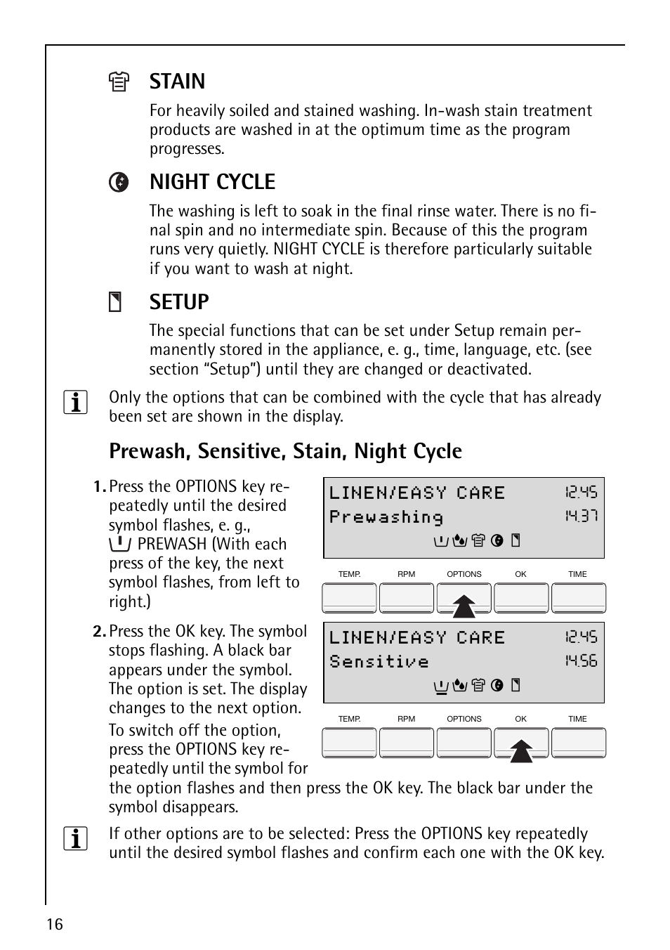 Prewash, sensitive, stain, night cycle, Stain, Night cycle | Setup | AEG LAVAMAT 88810 User Manual | Page 16 / 48