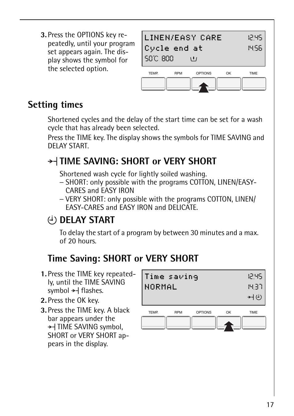 Setting times, Time saving: short or very short, Delay start | AEG LAVAMAT 88810 User Manual | Page 17 / 48