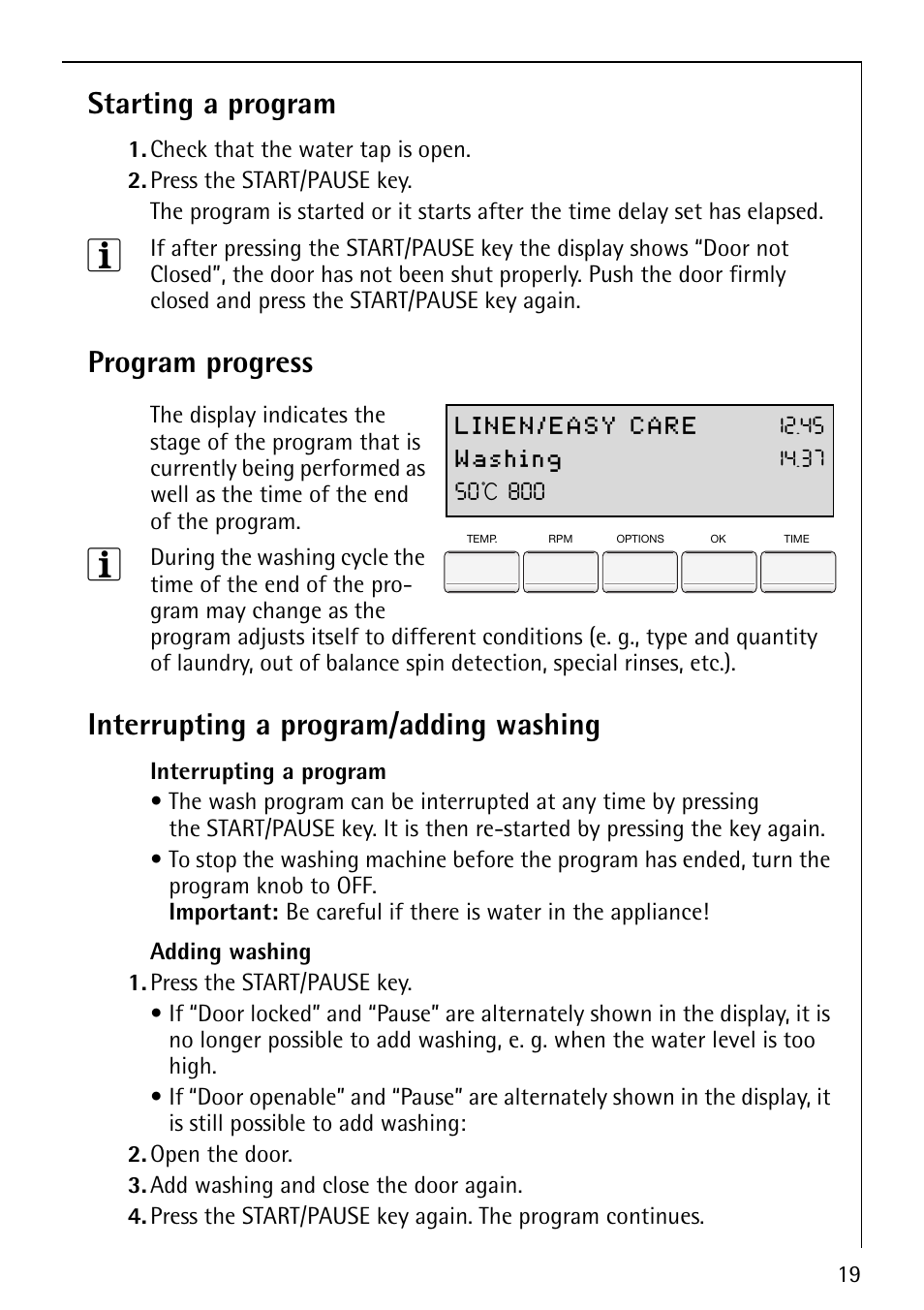 Starting a program, Program progress, Interrupting a program/adding washing | AEG LAVAMAT 88810 User Manual | Page 19 / 48