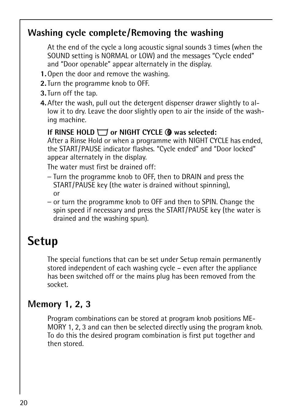 Setup, Washing cycle complete/removing the washing | AEG LAVAMAT 88810 User Manual | Page 20 / 48