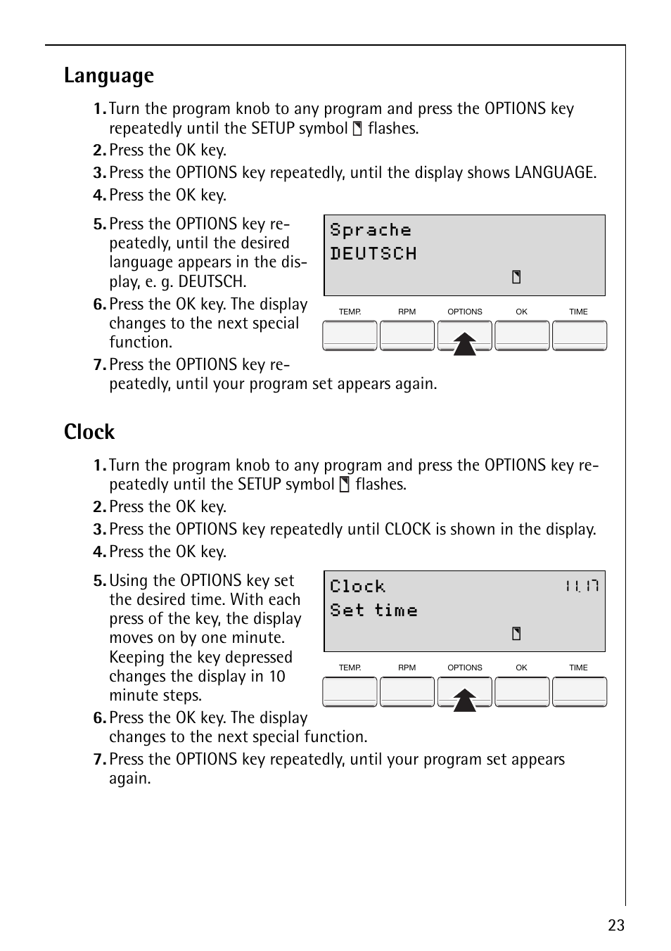 Language, Clock | AEG LAVAMAT 88810 User Manual | Page 23 / 48