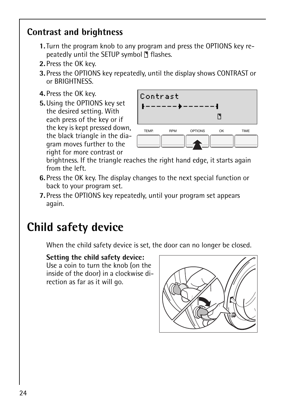 Child safety device, Contrast and brightness | AEG LAVAMAT 88810 User Manual | Page 24 / 48