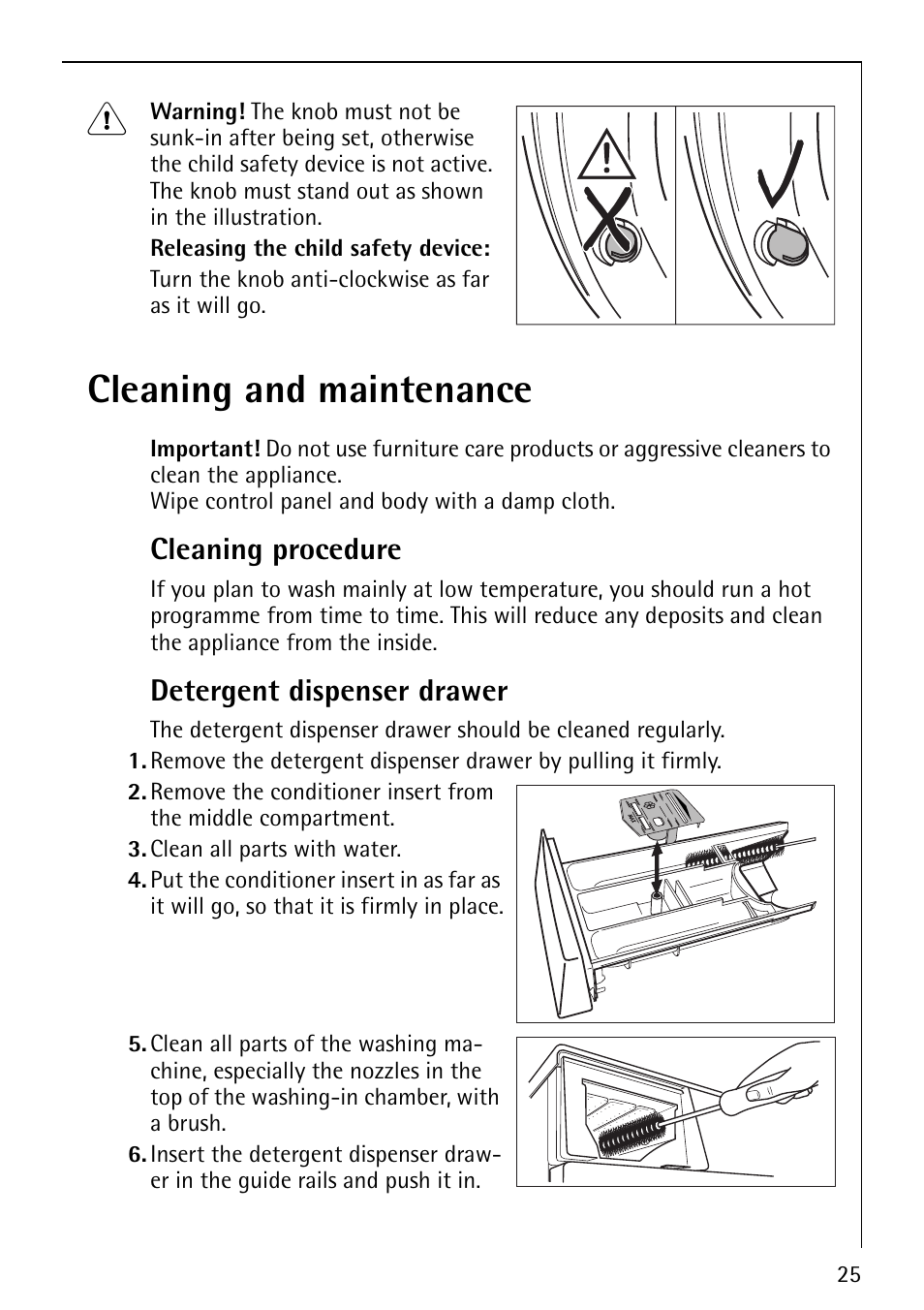 Cleaning and maintenance, Cleaning procedure, Detergent dispenser drawer | AEG LAVAMAT 88810 User Manual | Page 25 / 48