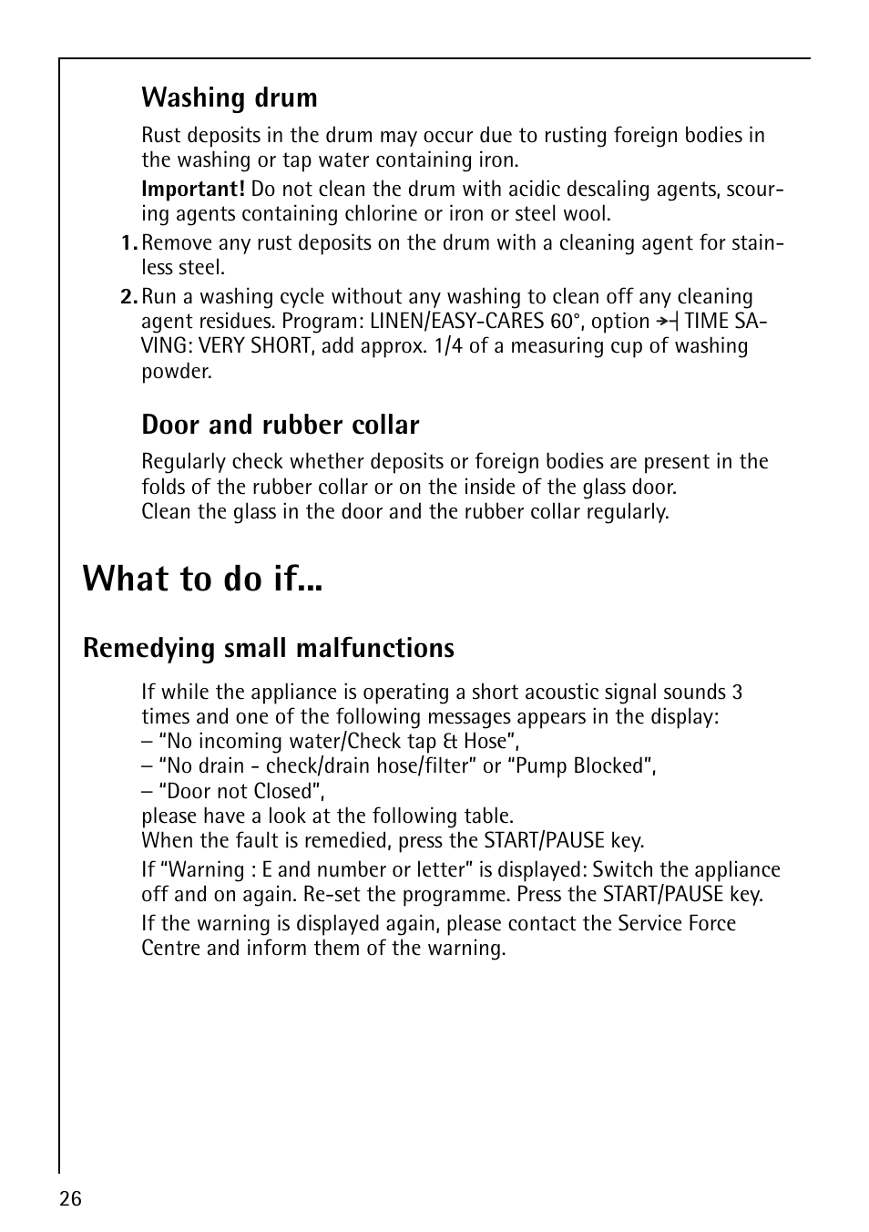 What to do if, Washing drum, Door and rubber collar | Remedying small malfunctions | AEG LAVAMAT 88810 User Manual | Page 26 / 48