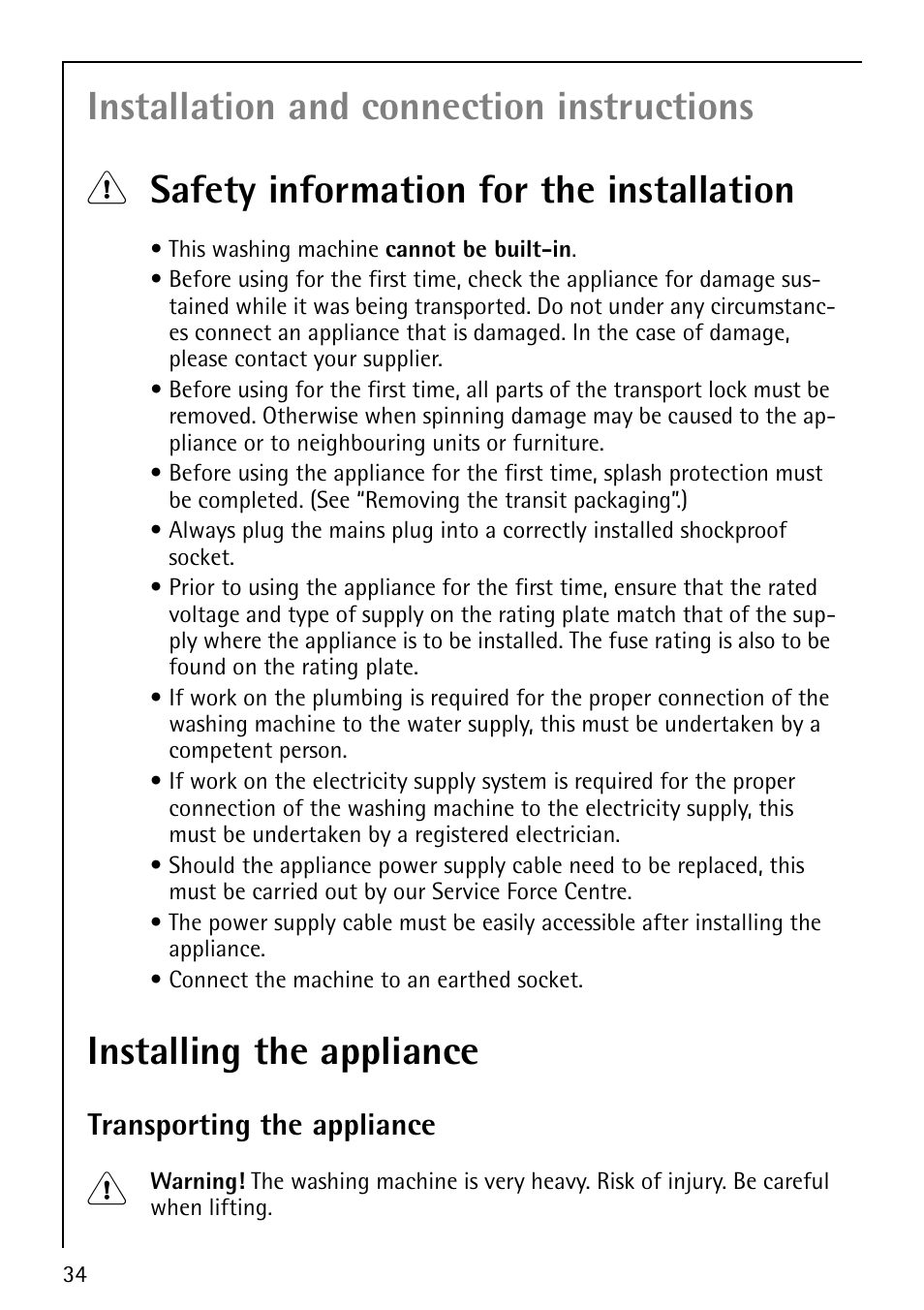 Installing the appliance, Transporting the appliance | AEG LAVAMAT 88810 User Manual | Page 34 / 48