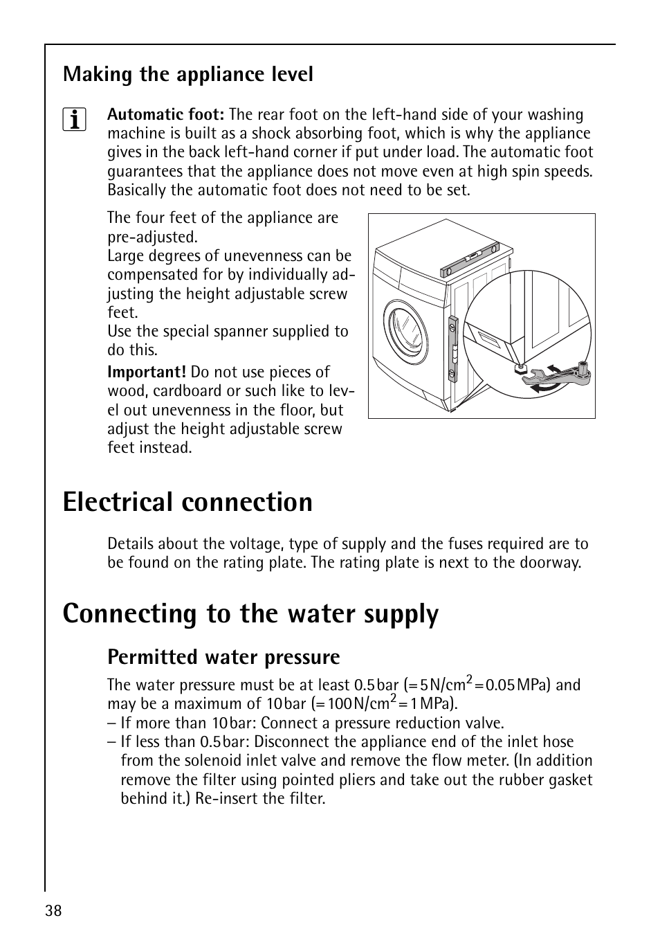 Electrical connection, Connecting to the water supply, Making the appliance level | Permitted water pressure | AEG LAVAMAT 88810 User Manual | Page 38 / 48