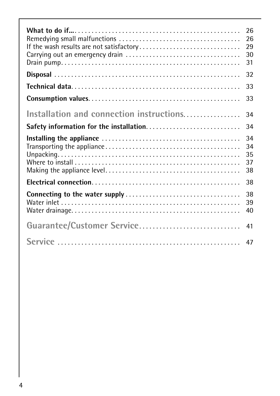 Installation and connection instructions, Guarantee/customer service, Service | AEG LAVAMAT 88810 User Manual | Page 4 / 48