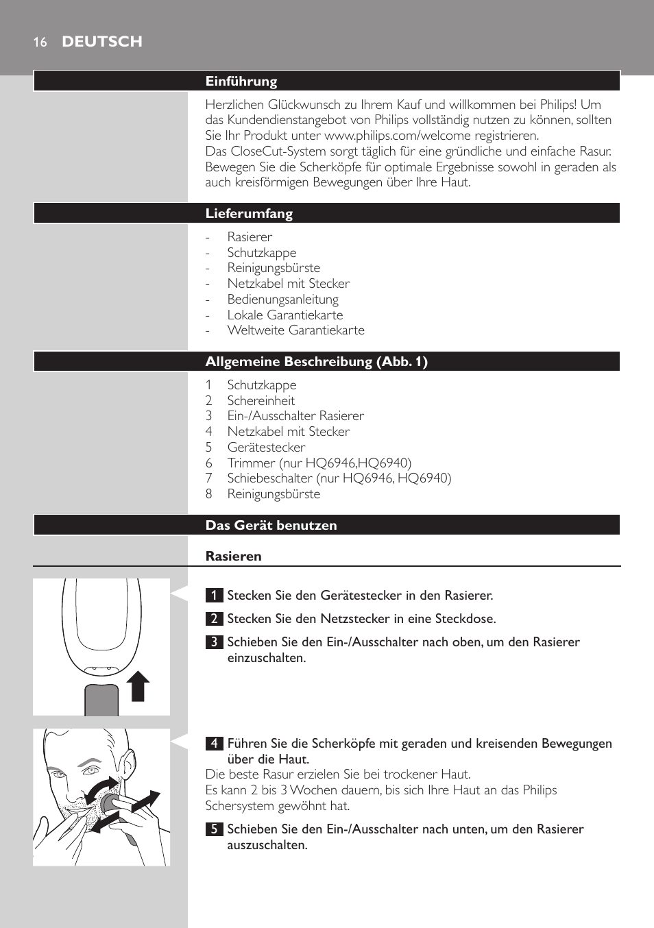 Deutsch, Deutsch 16 | Philips SHAVER Series 3000 afeitadora eléctrica en seco User Manual | Page 16 / 84