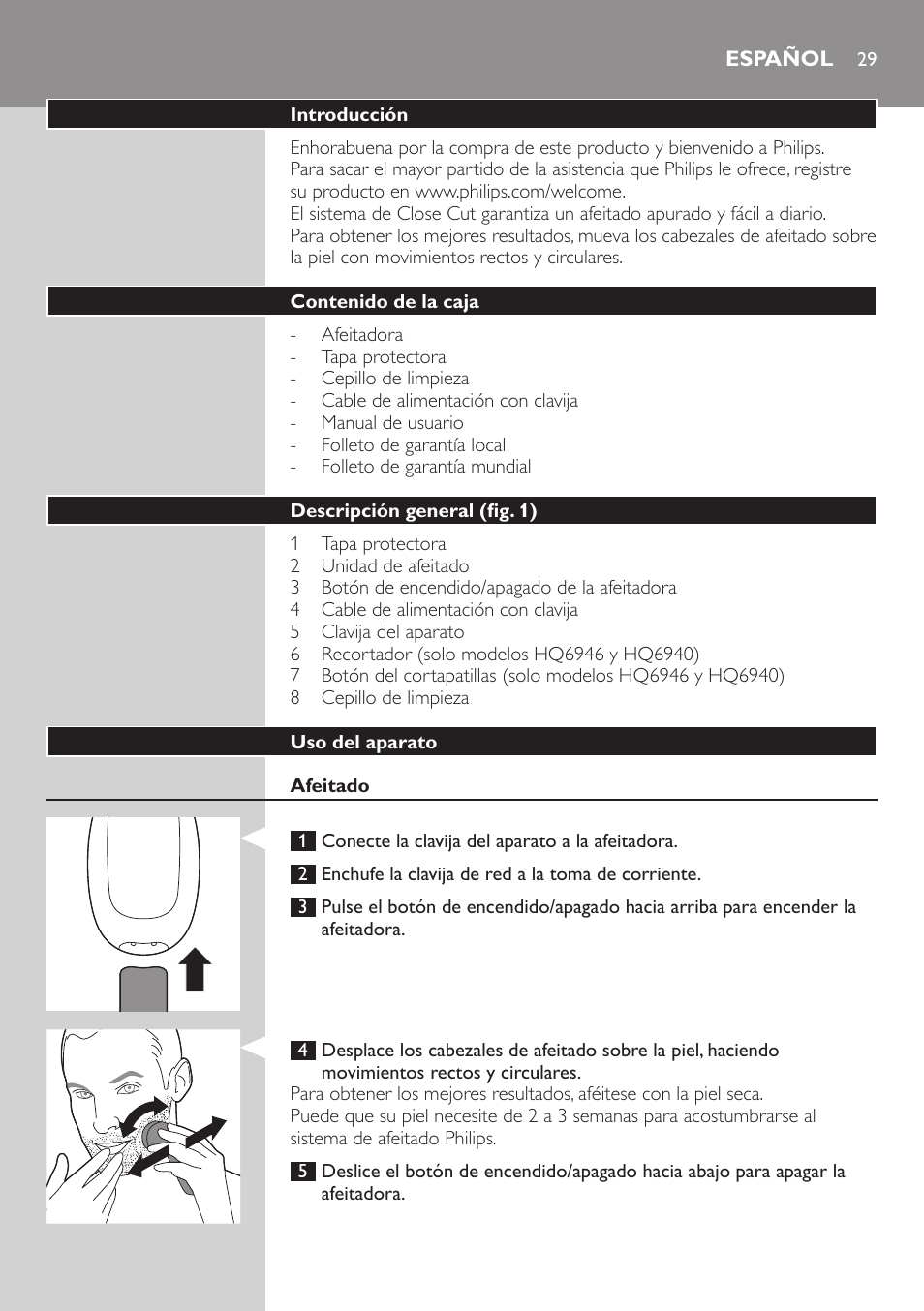 Español, Español 29 | Philips SHAVER Series 3000 afeitadora eléctrica en seco User Manual | Page 29 / 84