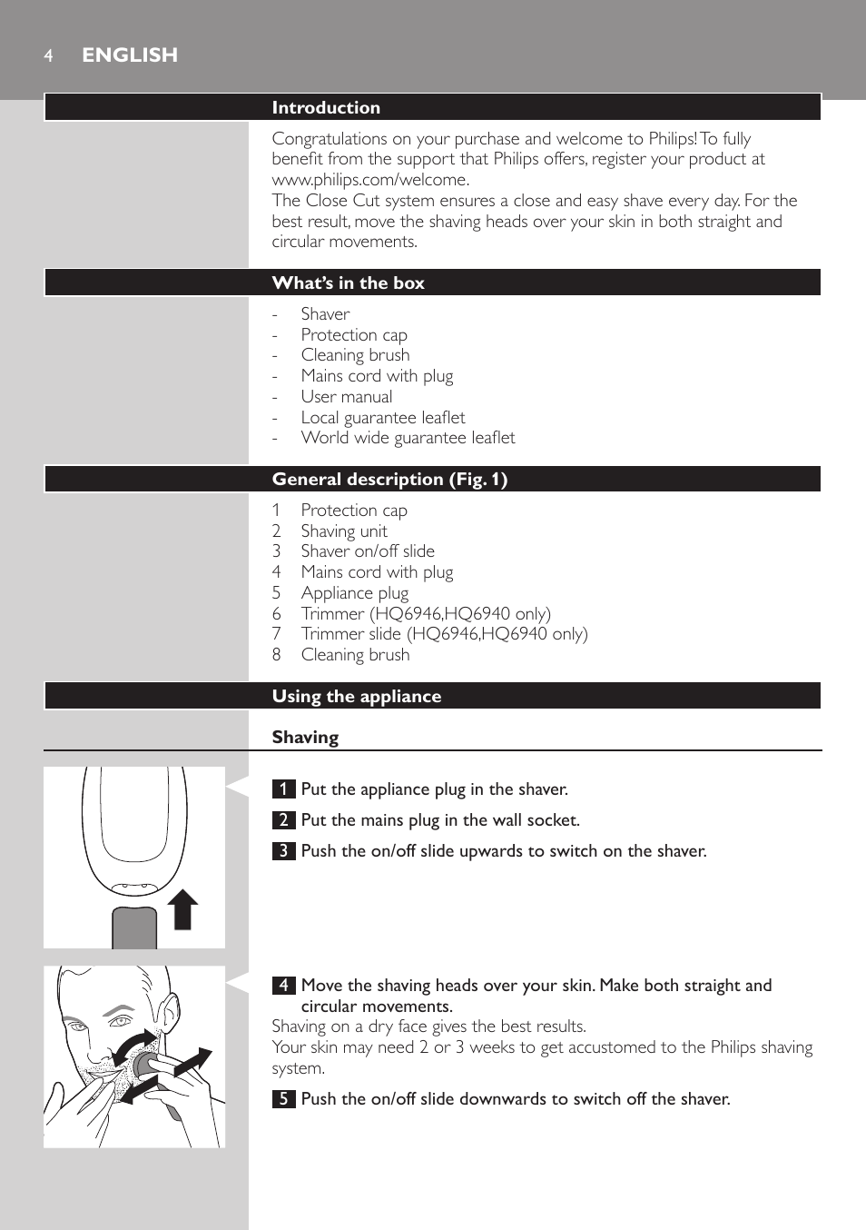 English, English 4 | Philips SHAVER Series 3000 afeitadora eléctrica en seco User Manual | Page 4 / 84