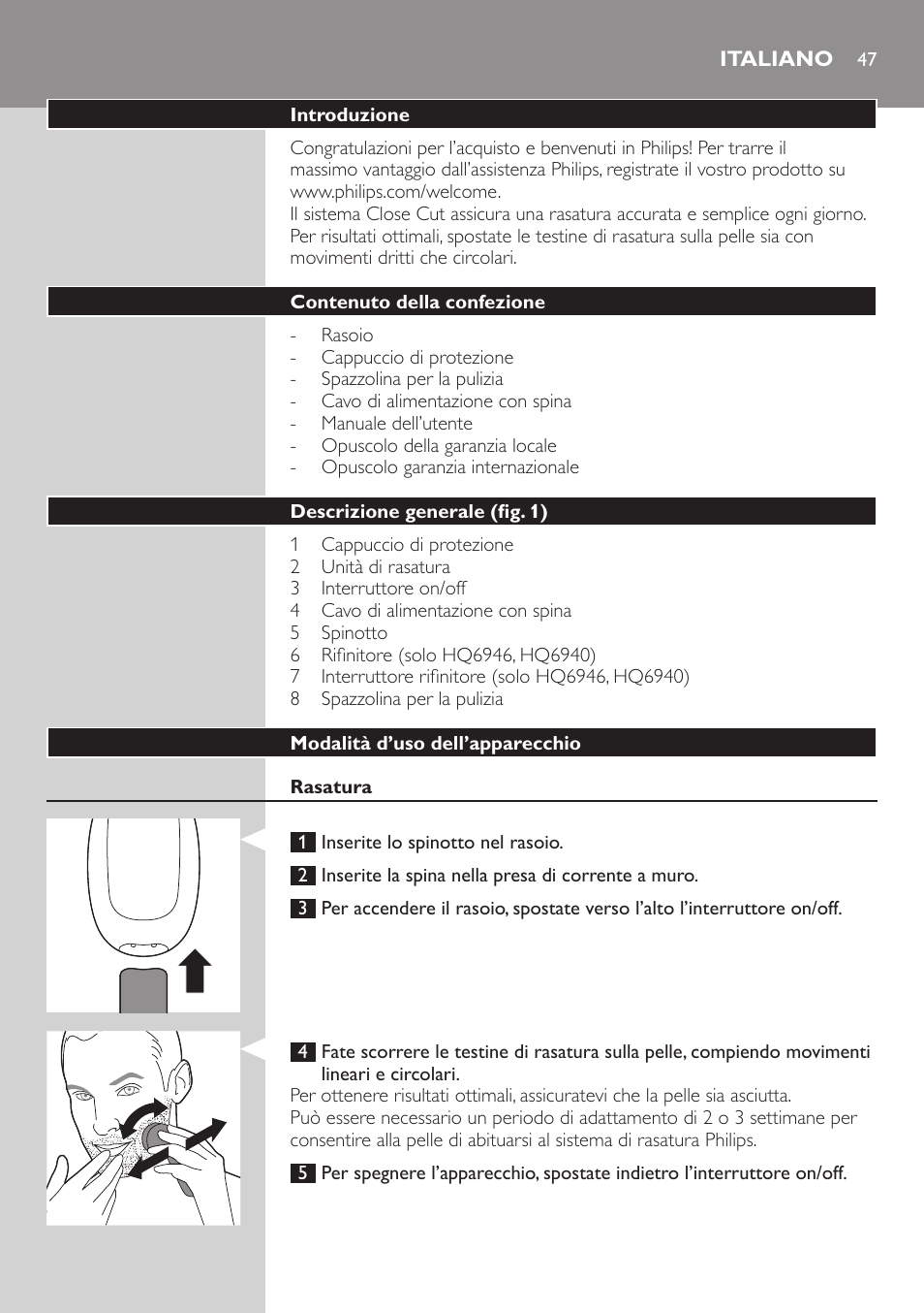 Italiano, Italiano 47 | Philips SHAVER Series 3000 afeitadora eléctrica en seco User Manual | Page 47 / 84