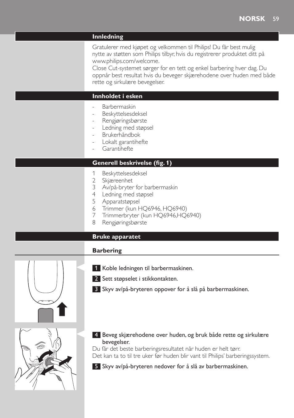 Norsk, Norsk 59 | Philips SHAVER Series 3000 afeitadora eléctrica en seco User Manual | Page 59 / 84