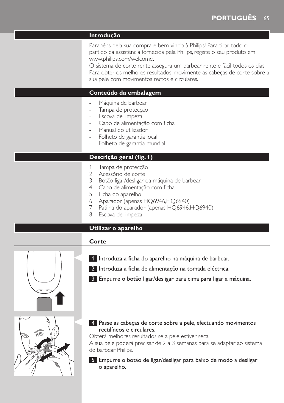 Português, Português 65 | Philips SHAVER Series 3000 afeitadora eléctrica en seco User Manual | Page 65 / 84