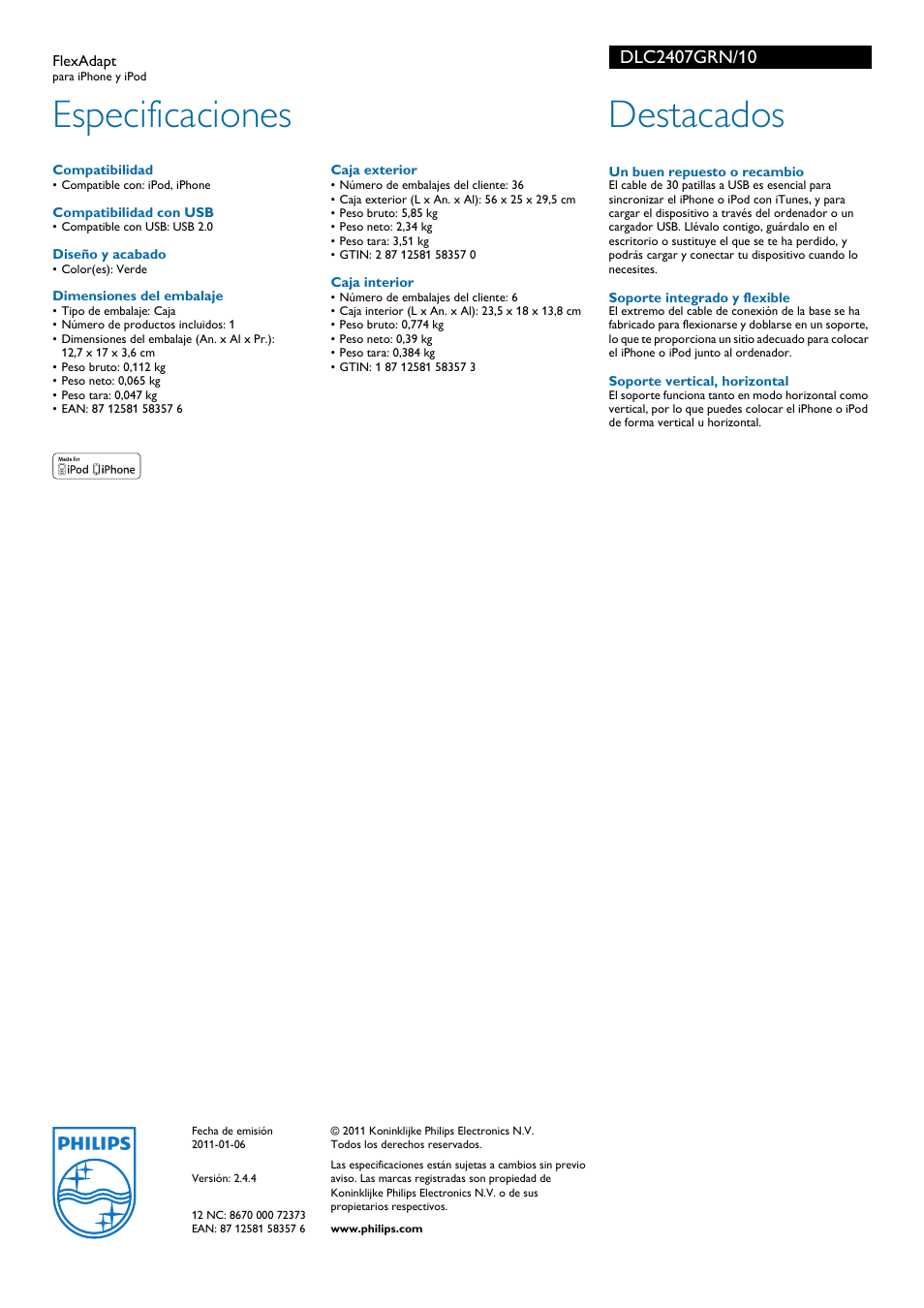 Especificaciones, Destacados | Philips FlexAdapt User Manual | Page 2 / 2