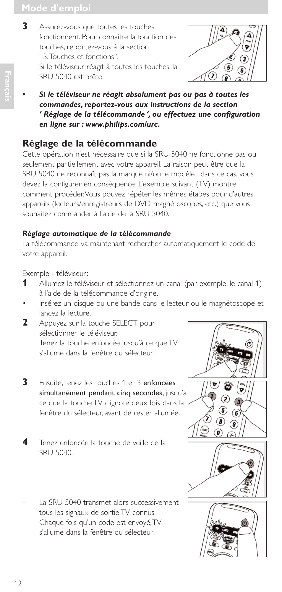 Réglage de la télécommande, Mode d'emploi | Philips Mando a distancia universal User Manual | Page 12 / 120