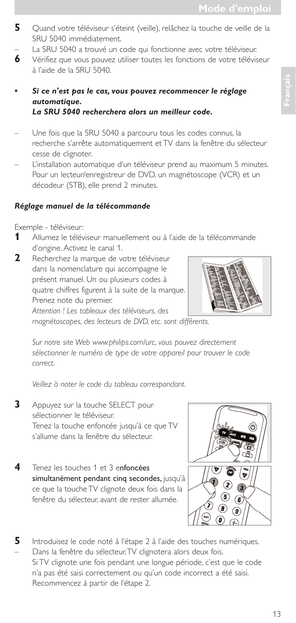 Mode d'emploi | Philips Mando a distancia universal User Manual | Page 13 / 120