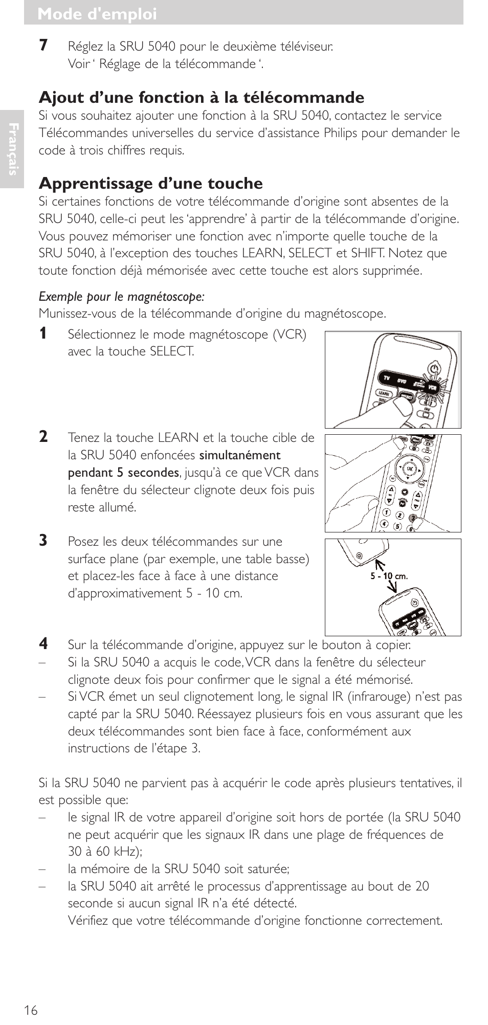 Ajout d’une fonction à la télécommande, Apprentissage d’une touche, Mode d'emploi | Philips Mando a distancia universal User Manual | Page 16 / 120