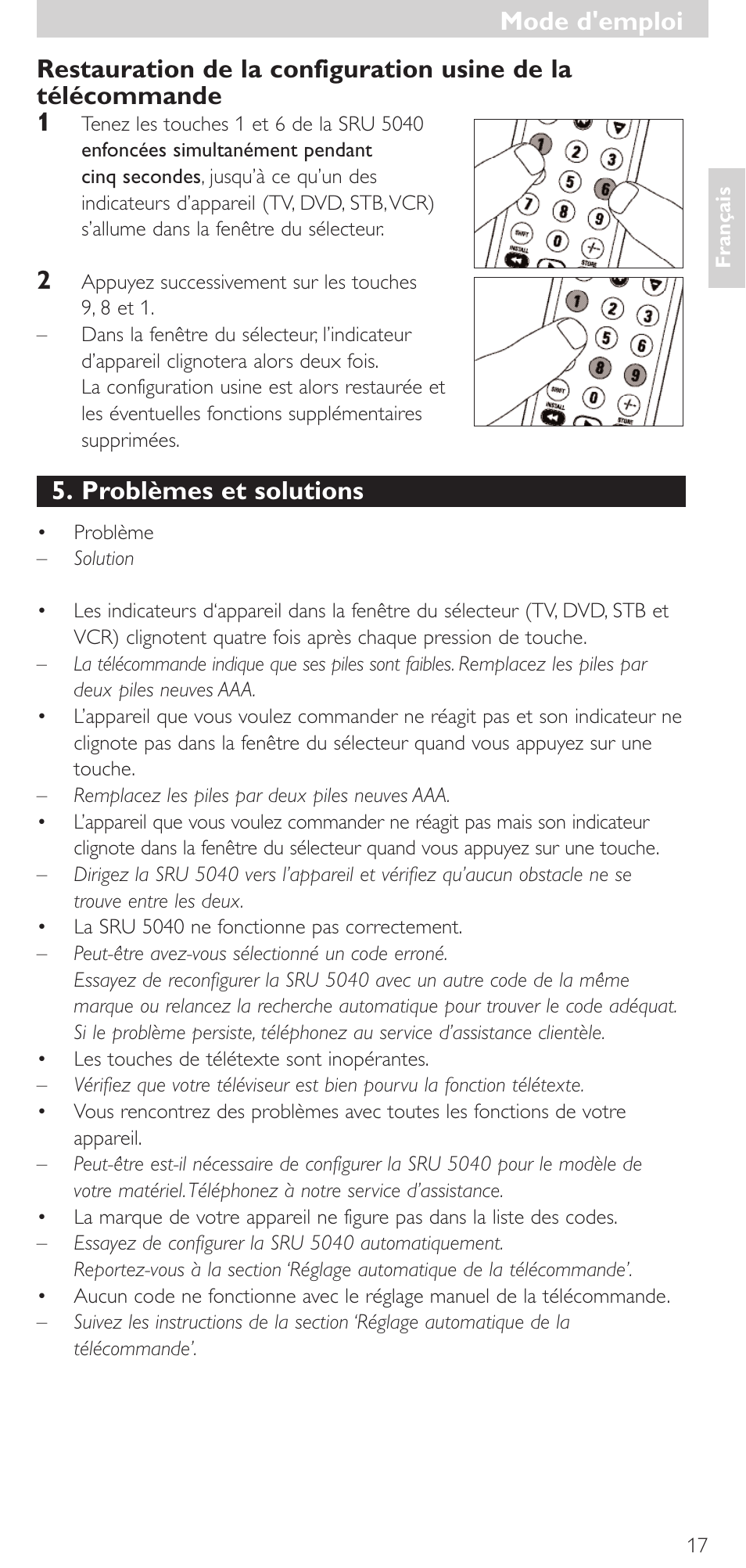 Problèmes et solutions, Mode d'emploi | Philips Mando a distancia universal User Manual | Page 17 / 120