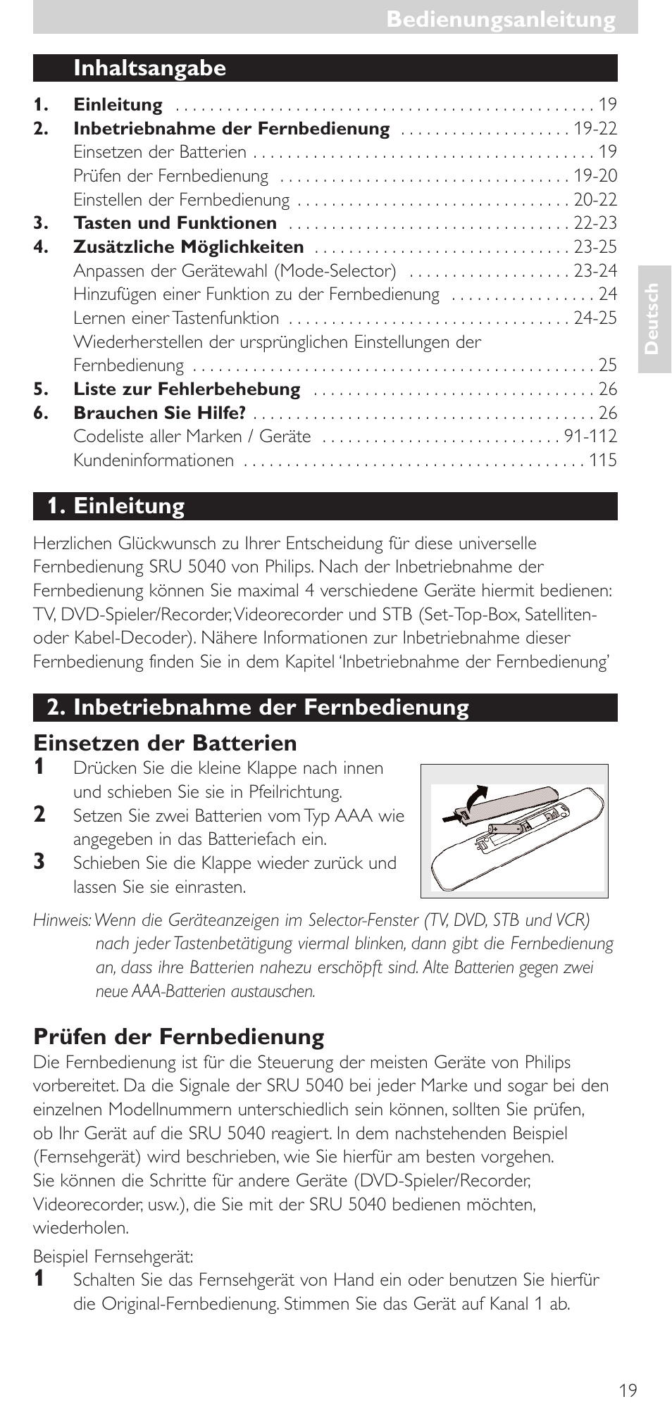 Inhaltsangabe, Einleitung, Prüfen der fernbedienung | Bedienungsanleitung | Philips Mando a distancia universal User Manual | Page 19 / 120