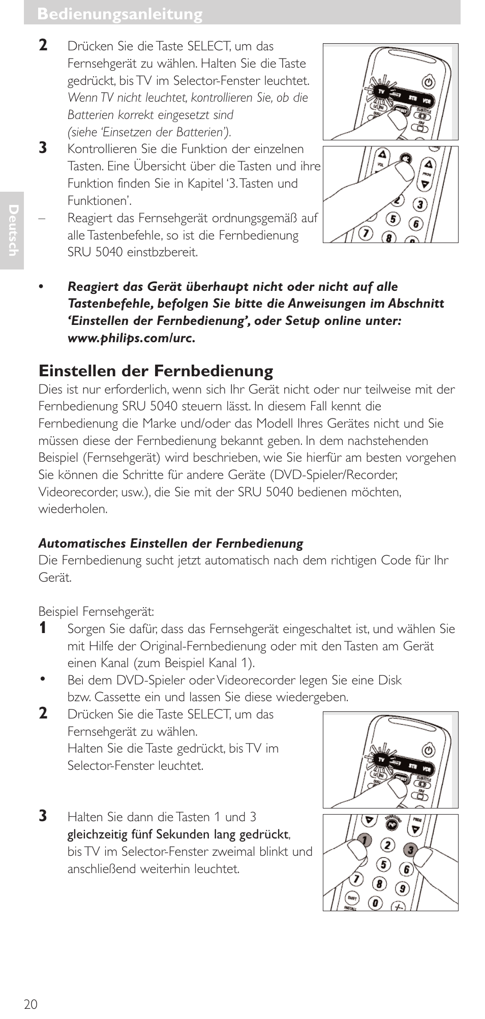 Einstellen der fernbedienung, Bedienungsanleitung | Philips Mando a distancia universal User Manual | Page 20 / 120