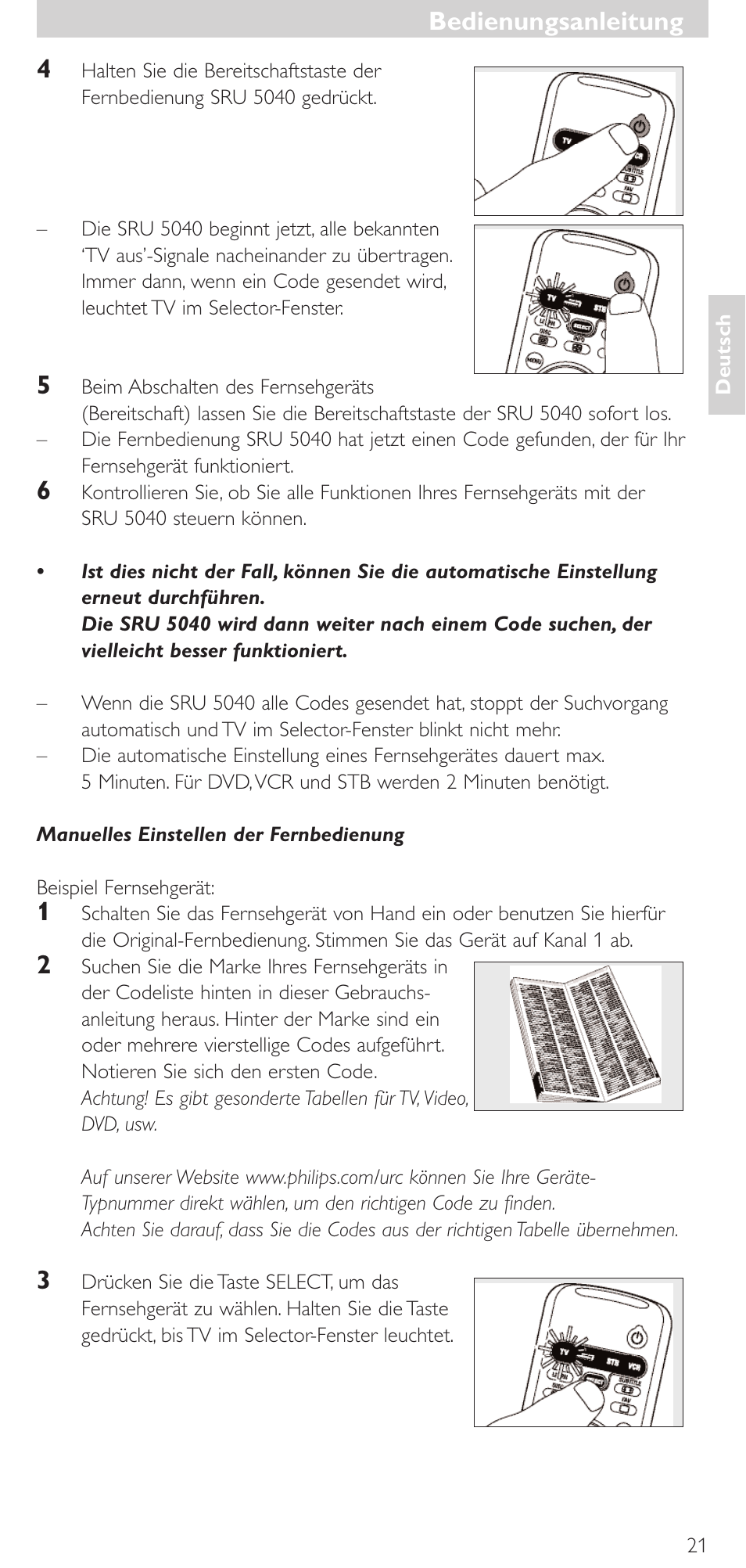Bedienungsanleitung, Bedienungsanleitung 4 | Philips Mando a distancia universal User Manual | Page 21 / 120