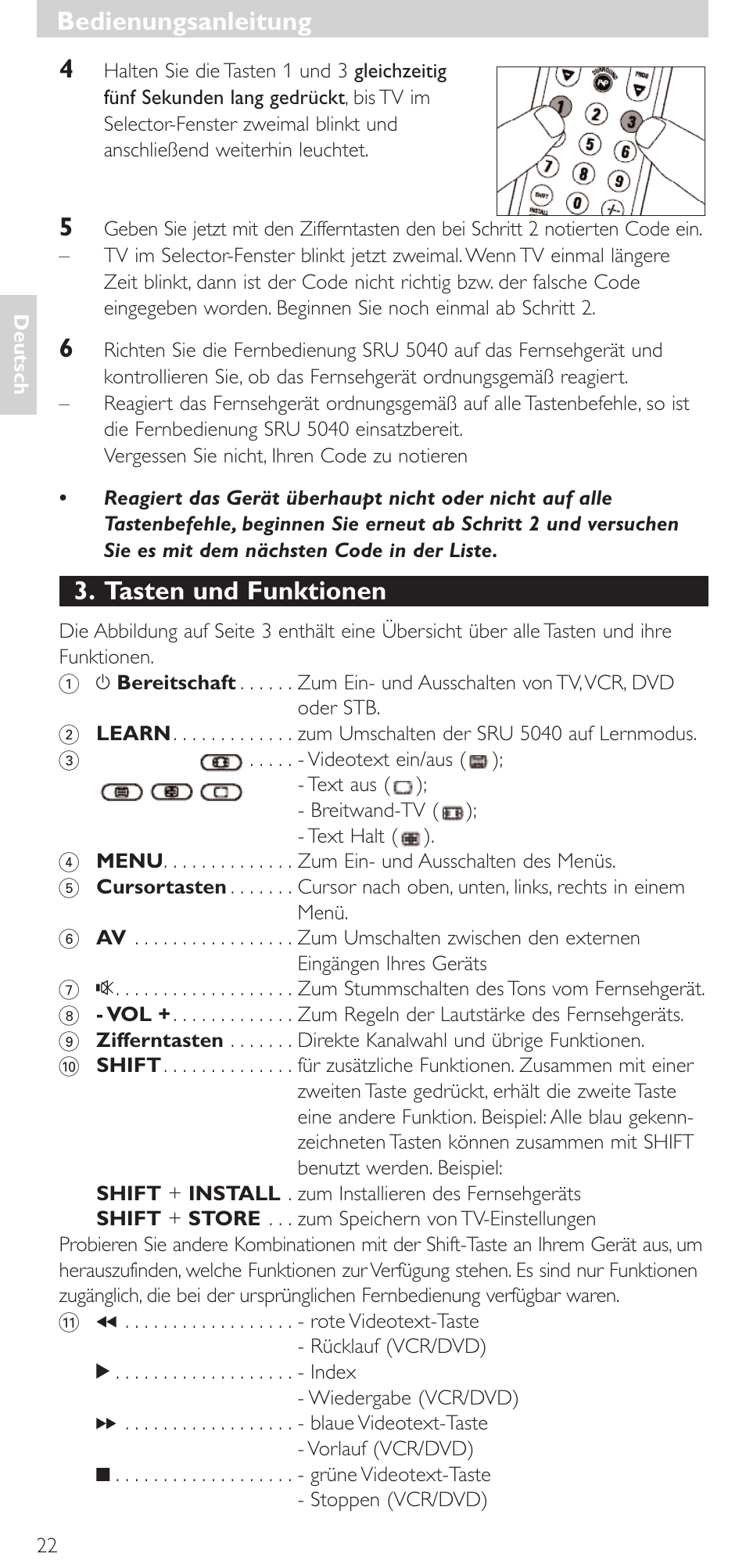 Tasten und funktionen, Bedienungsanleitung | Philips Mando a distancia universal User Manual | Page 22 / 120