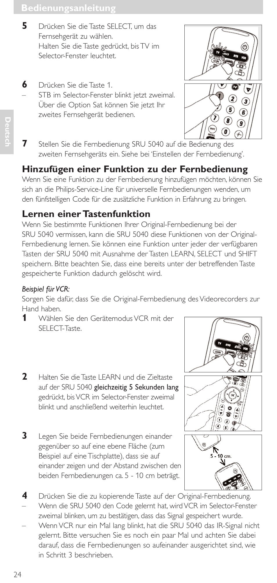 Bedienungsanleitung, Bedienungsanleitung 5, Hinzufügen einer funktion zu der fernbedienung | Lernen einer tastenfunktion | Philips Mando a distancia universal User Manual | Page 24 / 120