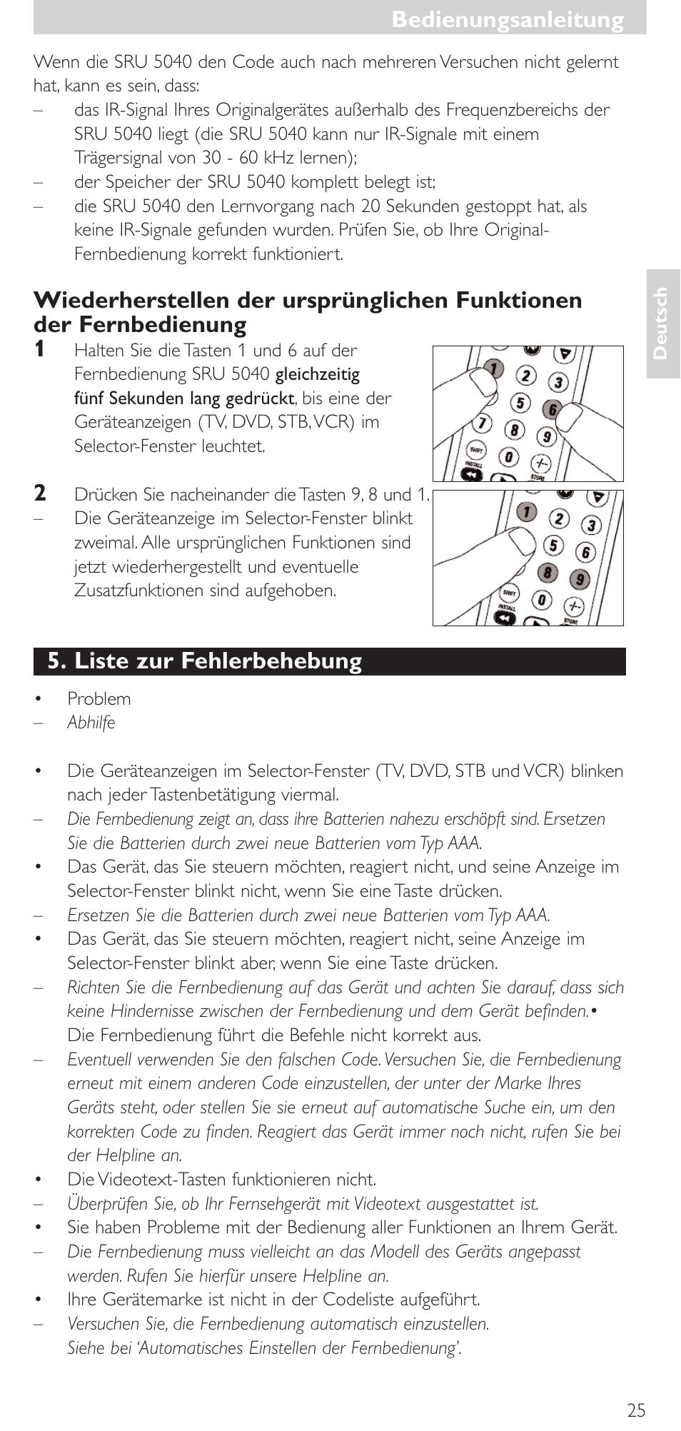 Liste zur fehlerbehebung, Bedienungsanleitung | Philips Mando a distancia universal User Manual | Page 25 / 120