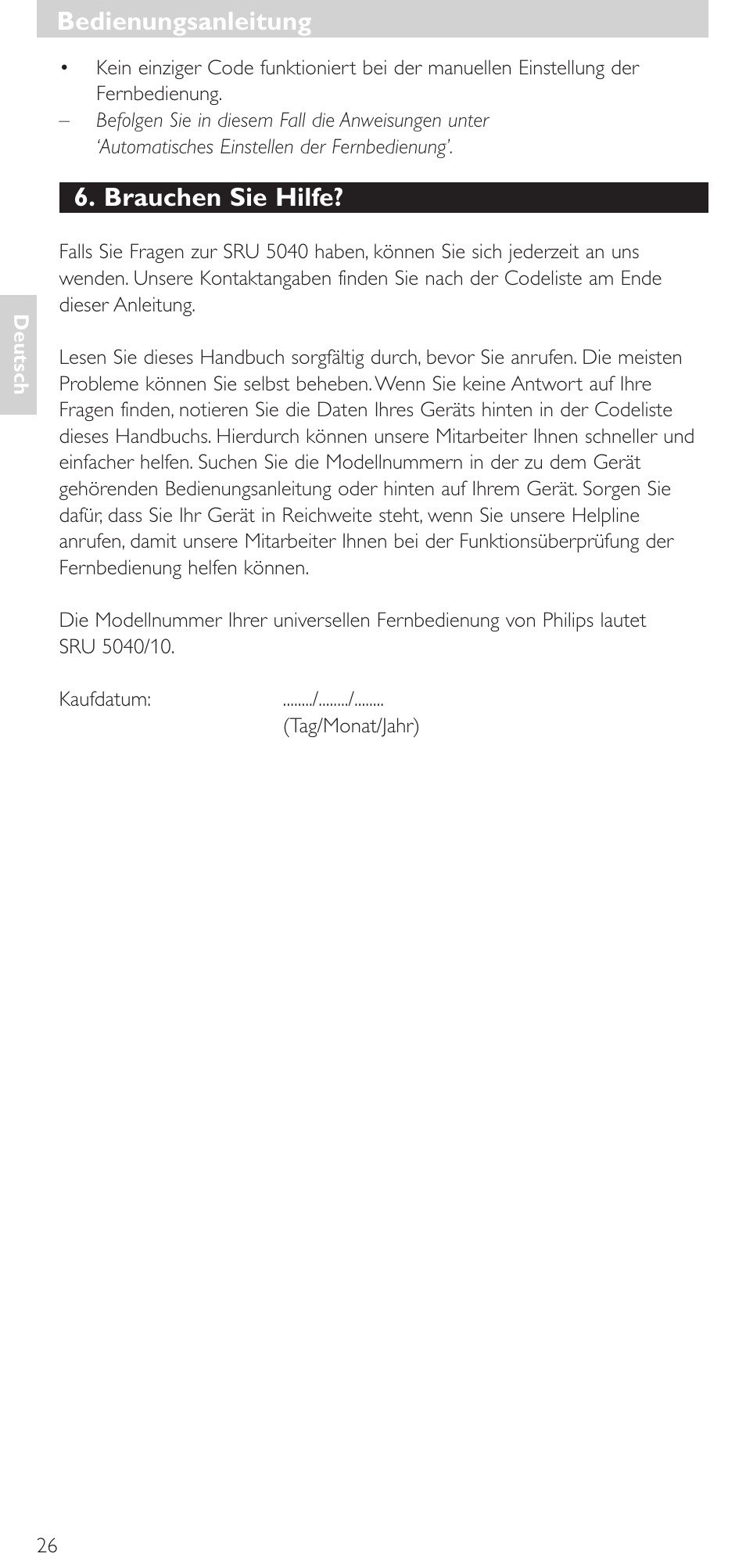 Brauchen sie hilfe, Bedienungsanleitung | Philips Mando a distancia universal User Manual | Page 26 / 120