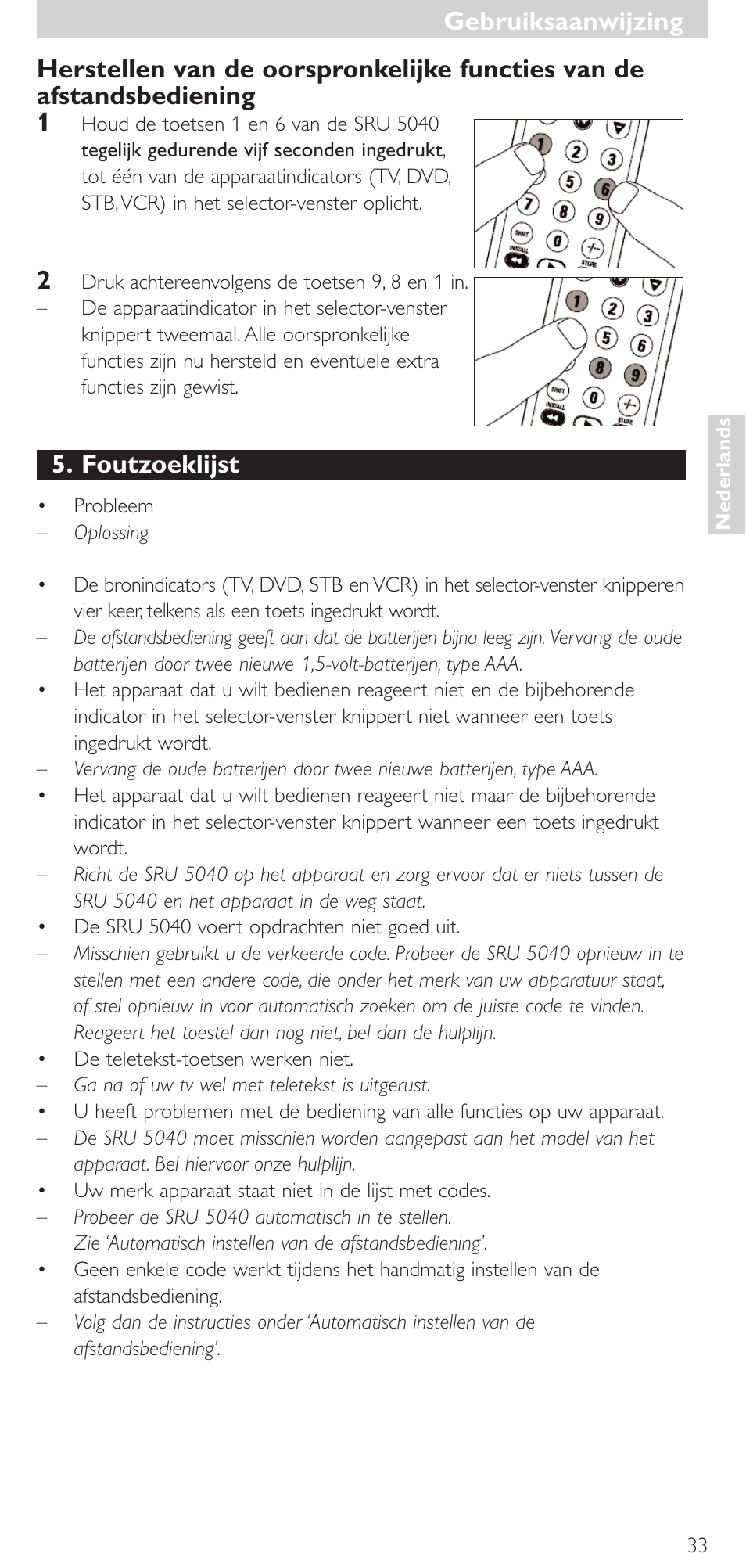 Foutzoeklijst, Gebruiksaanwijzing | Philips Mando a distancia universal User Manual | Page 33 / 120