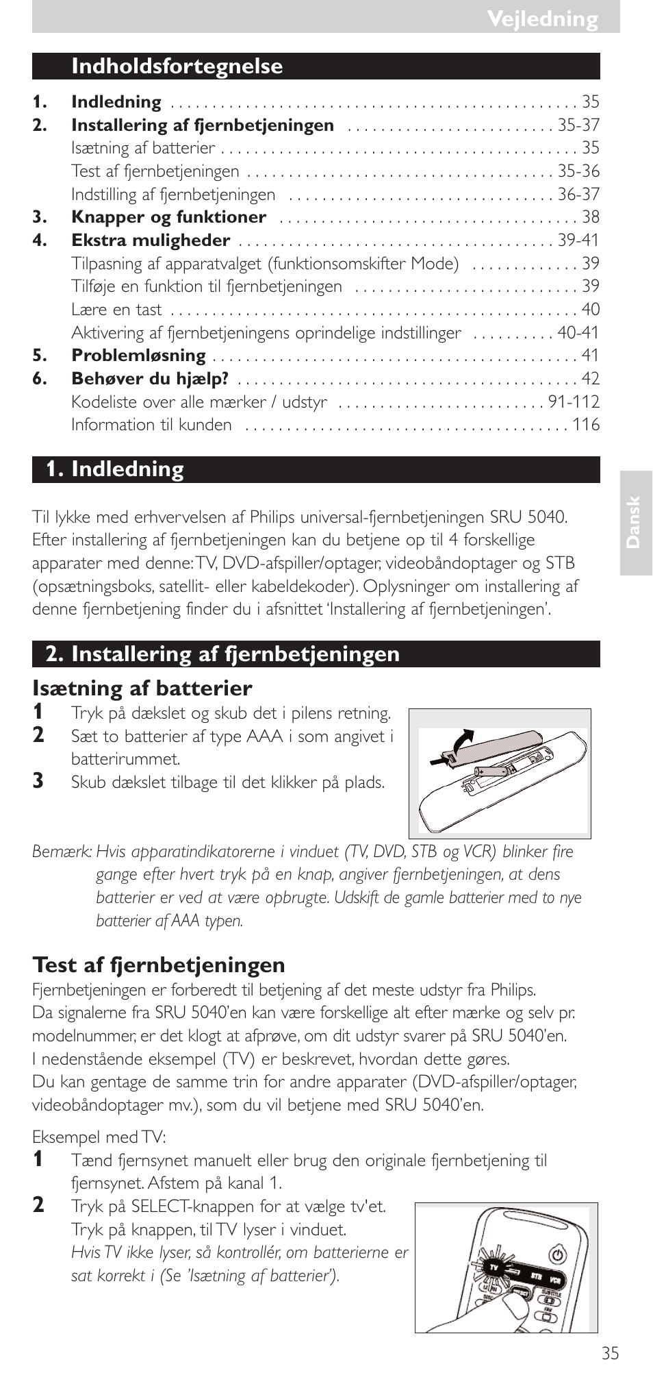 Indholdsfortegnelse, Indledning, Test af fjernbetjeningen | Vejledning | Philips Mando a distancia universal User Manual | Page 35 / 120