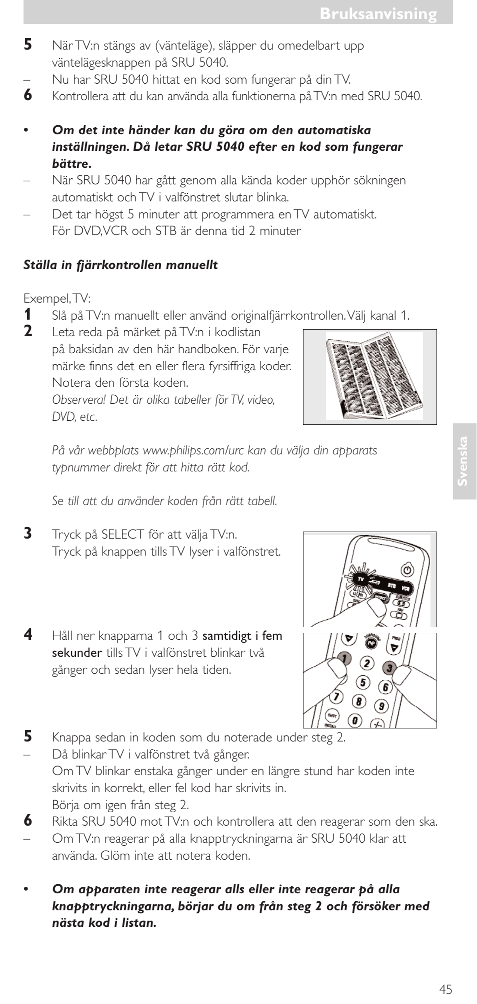 Bruksanvisning, Bruksanvisning 5 | Philips Mando a distancia universal User Manual | Page 45 / 120