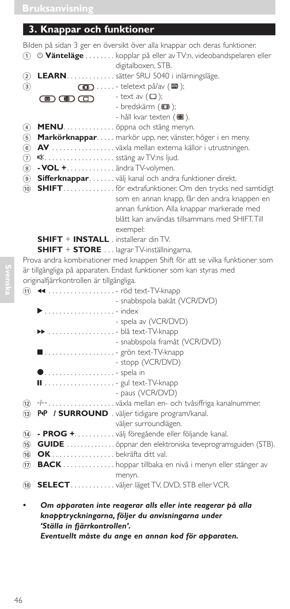 Bruksanvisning, Bruksanvisning 3. knappar och funktioner | Philips Mando a distancia universal User Manual | Page 46 / 120