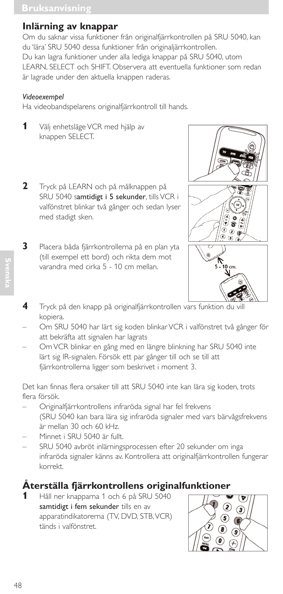 Inlärning av knappar, Återställa fjärrkontrollens originalfunktioner 1, Bruksanvisning | Philips Mando a distancia universal User Manual | Page 48 / 120