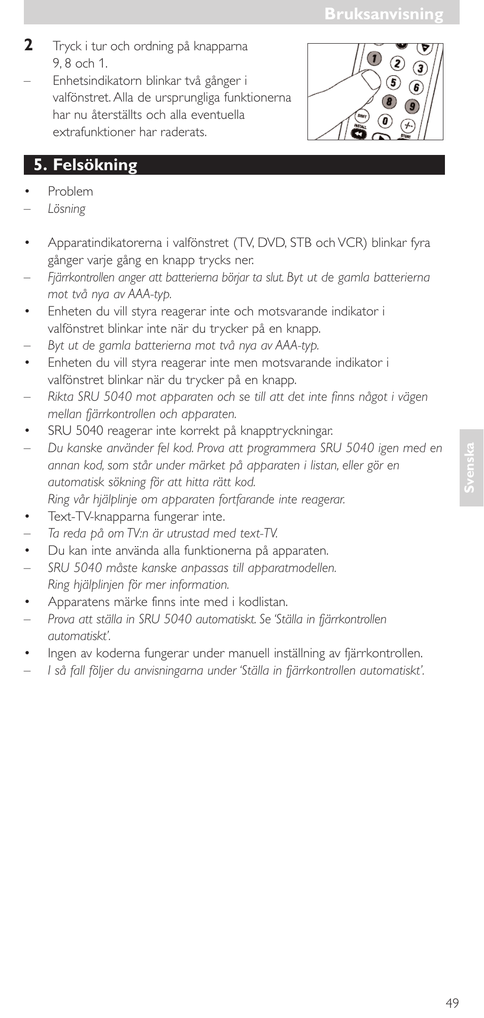 Bruksanvisning, Bruksanvisning 2, Felsökning | Philips Mando a distancia universal User Manual | Page 49 / 120