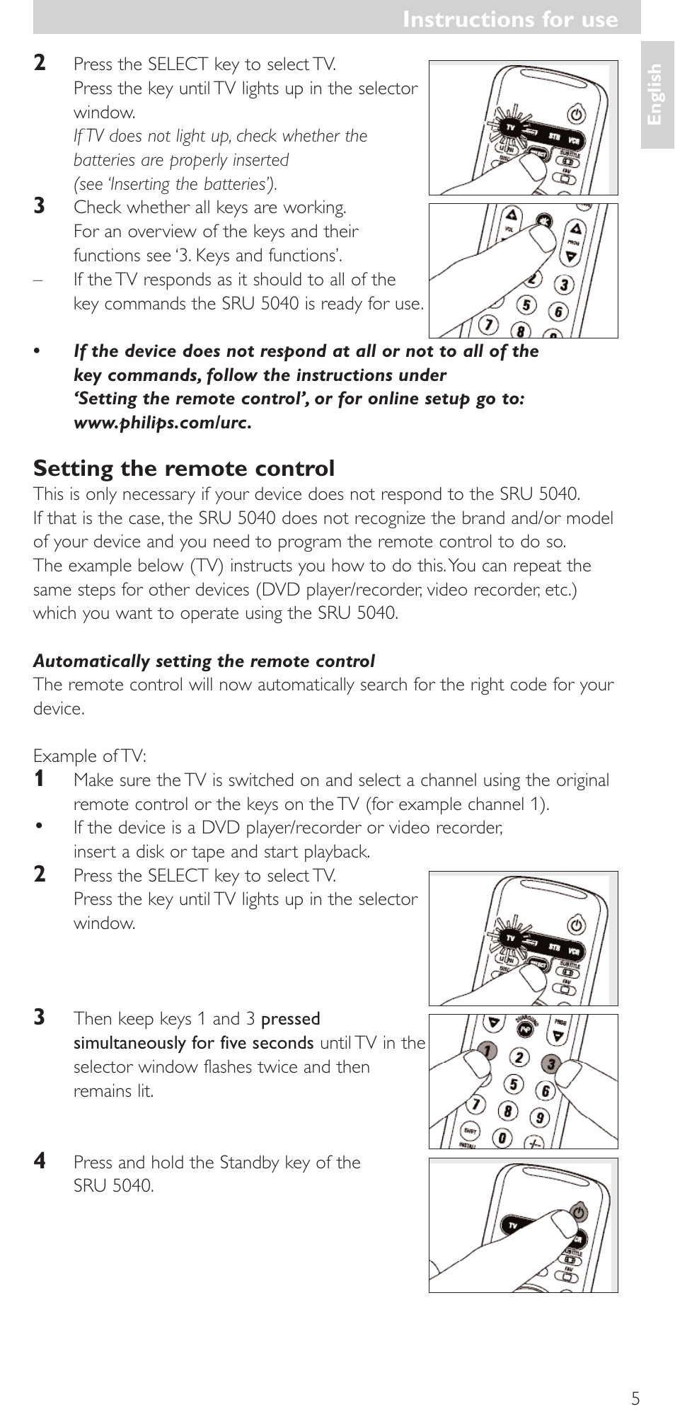 Setting the remote control, Instructions for use | Philips Mando a distancia universal User Manual | Page 5 / 120