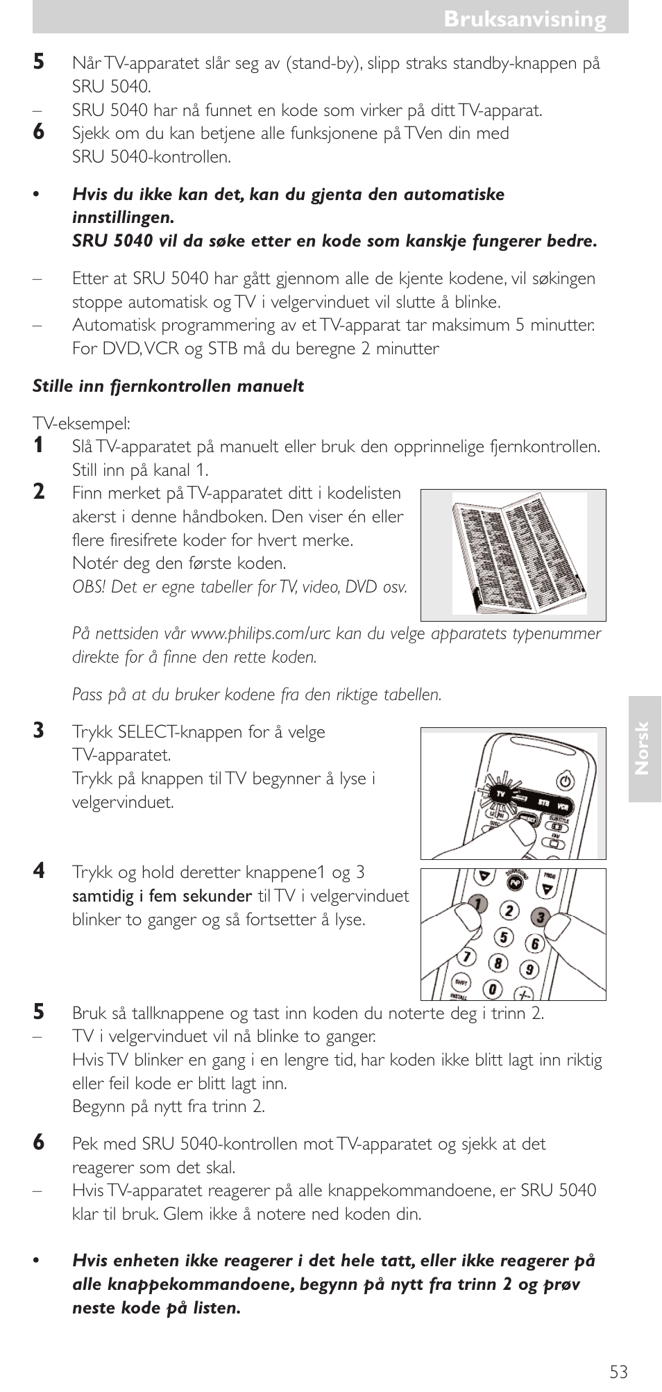 Bruksanvisning, Bruksanvisning 5 | Philips Mando a distancia universal User Manual | Page 53 / 120