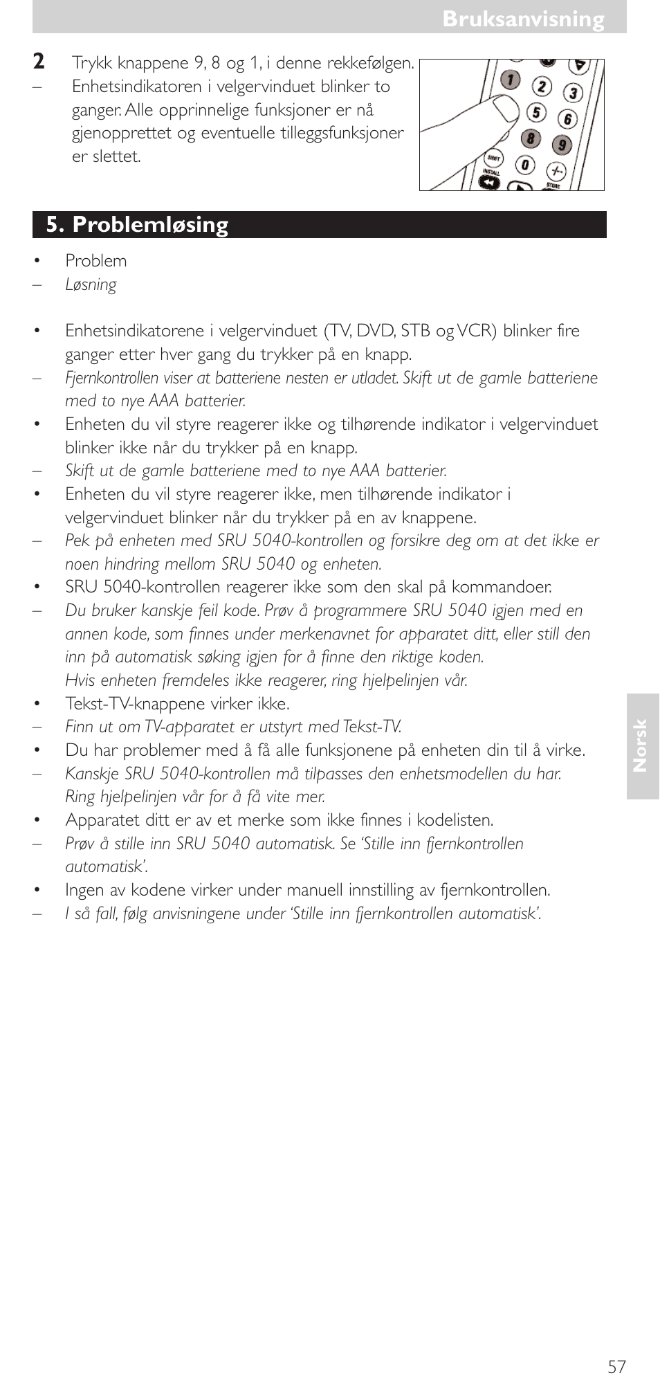 Problemløsing, Bruksanvisning | Philips Mando a distancia universal User Manual | Page 57 / 120