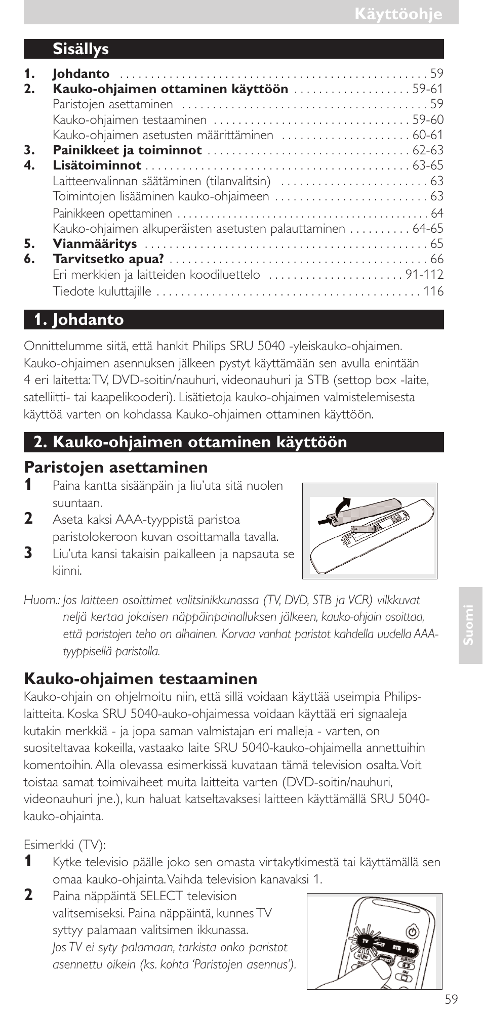 Sisällys, Johdanto, Kauko-ohjaimen testaaminen | Käyttöohje | Philips Mando a distancia universal User Manual | Page 59 / 120