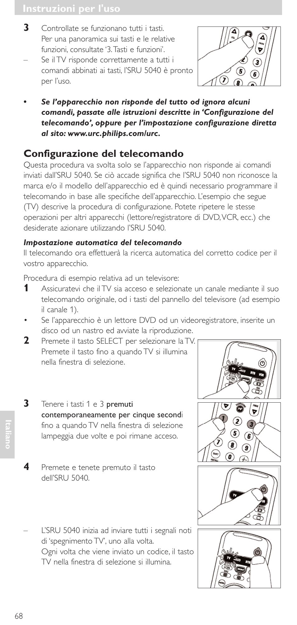 Configurazione del telecomando, Instruzioni per l'uso | Philips Mando a distancia universal User Manual | Page 68 / 120