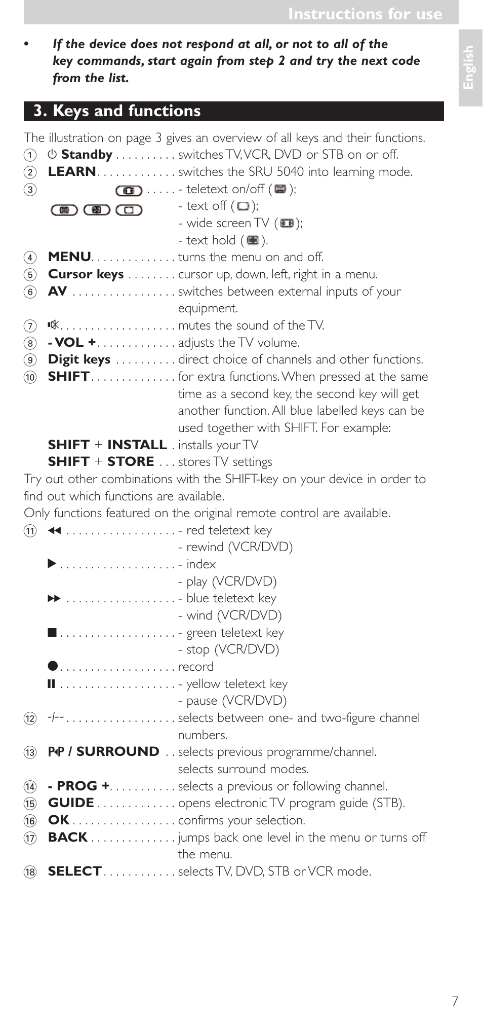 Keys and functions, Instructions for use | Philips Mando a distancia universal User Manual | Page 7 / 120