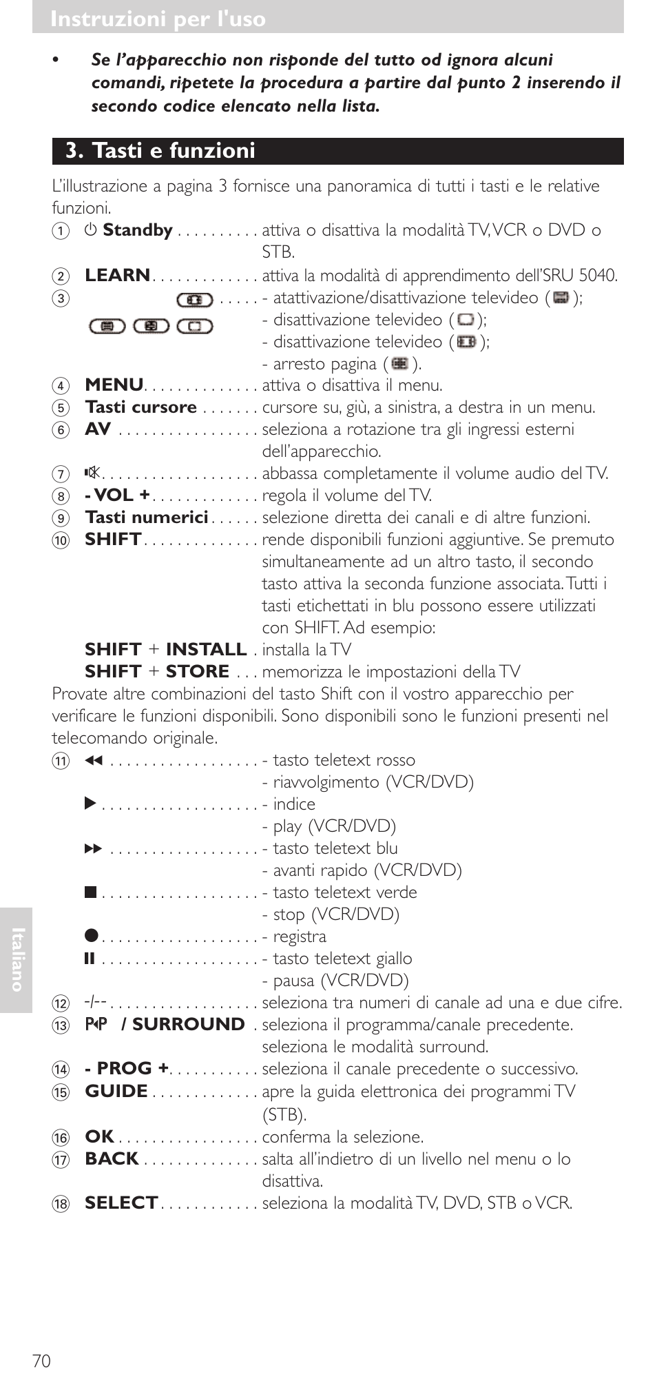 Tasti e funzioni, Instruzioni per l'uso | Philips Mando a distancia universal User Manual | Page 70 / 120