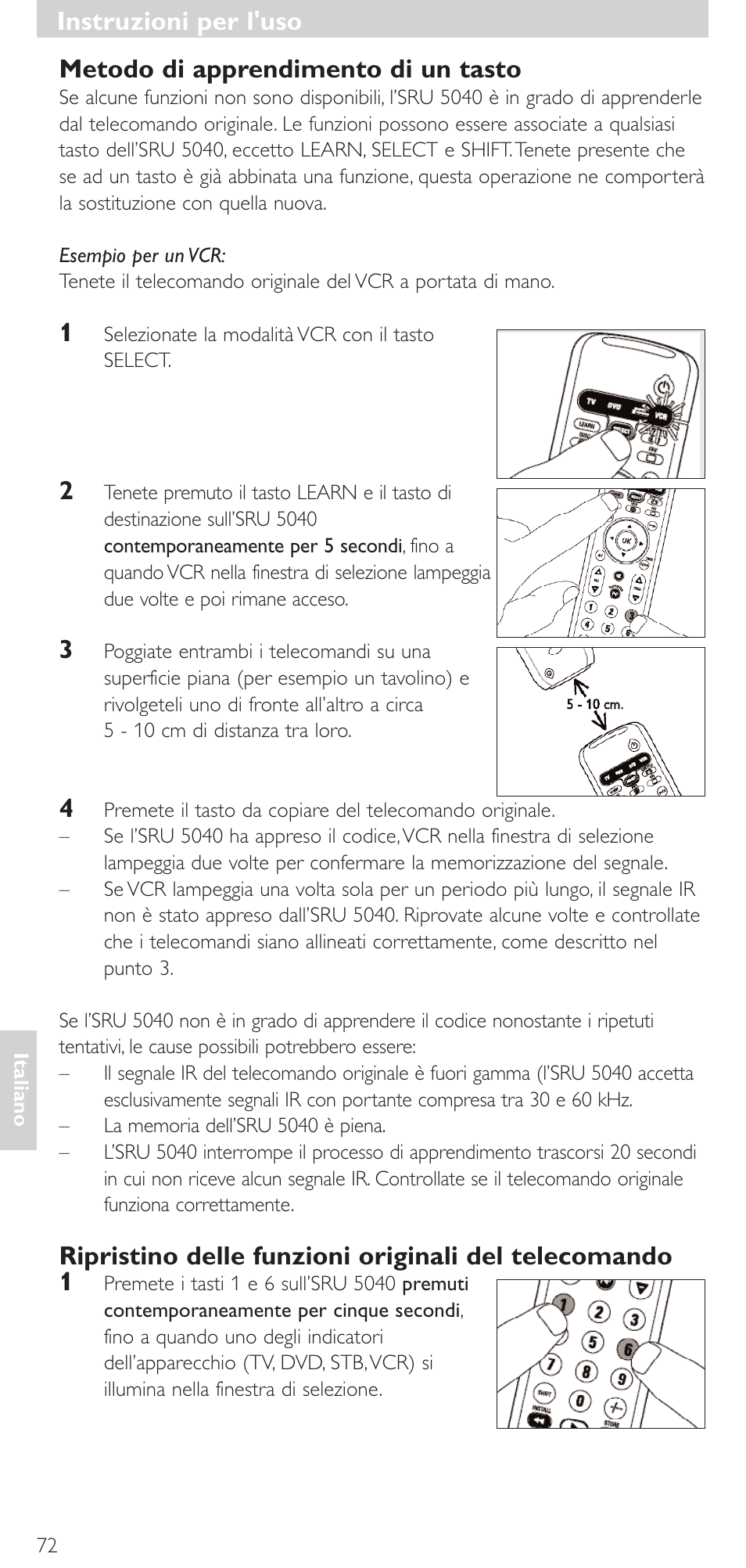 Metodo di apprendimento di un tasto, Instruzioni per l'uso | Philips Mando a distancia universal User Manual | Page 72 / 120