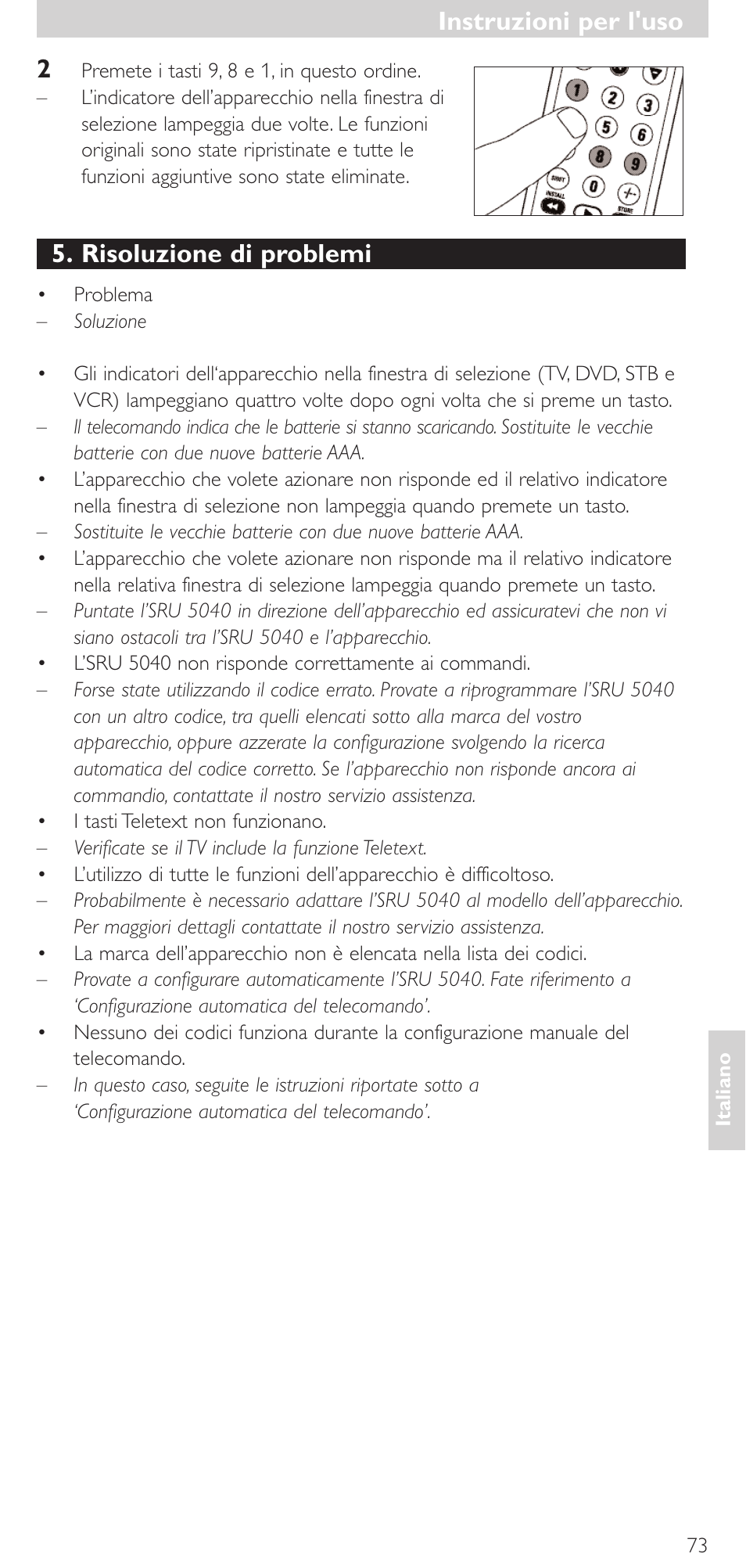 Risoluzione di problemi, Instruzioni per l'uso | Philips Mando a distancia universal User Manual | Page 73 / 120