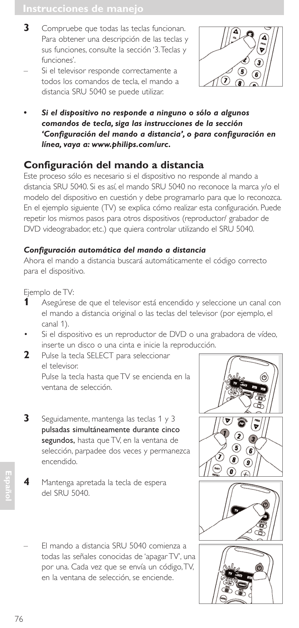 Instrucciones de manejo, Configuración del mando a distancia | Philips Mando a distancia universal User Manual | Page 76 / 120