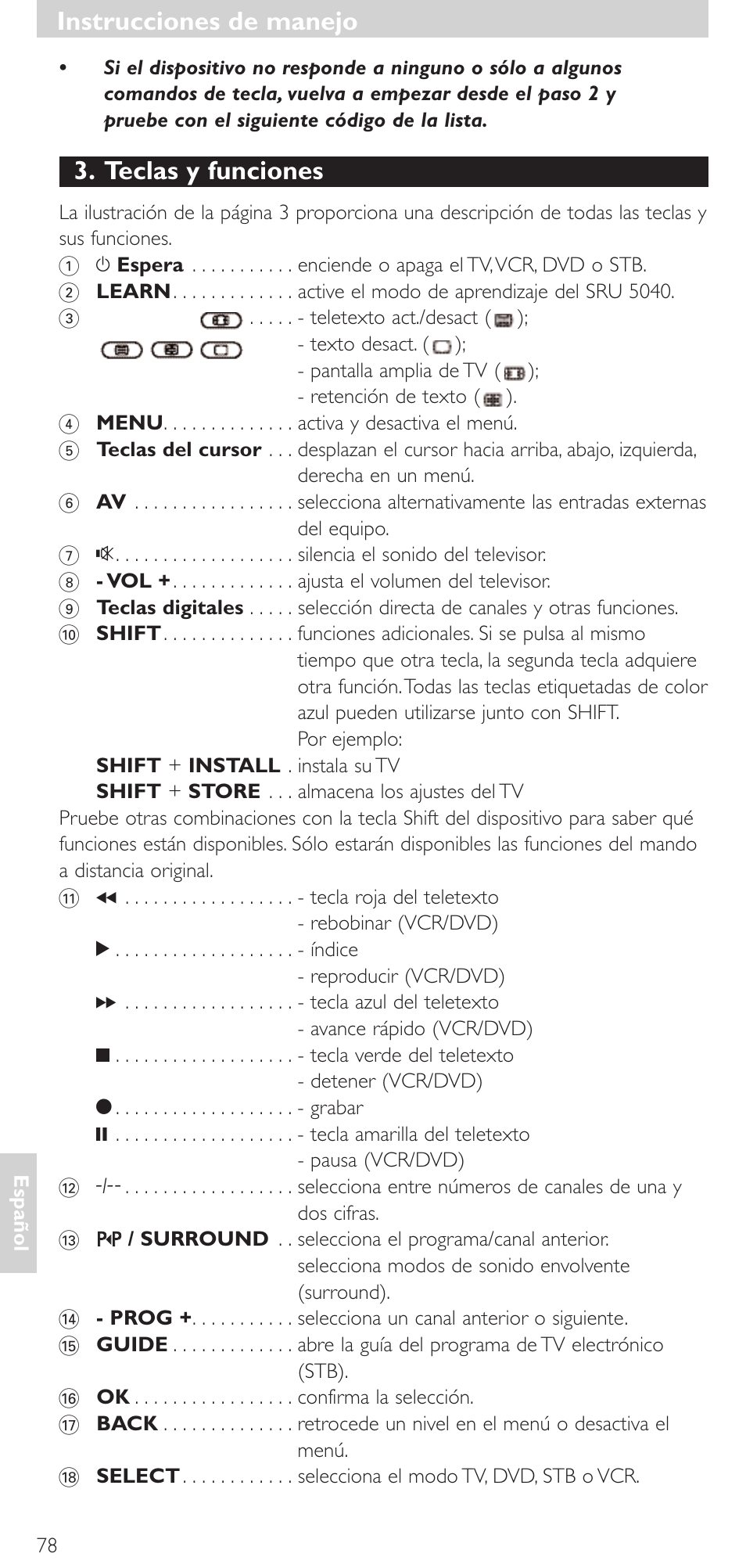 Teclas y funciones, Instrucciones de manejo | Philips Mando a distancia universal User Manual | Page 78 / 120