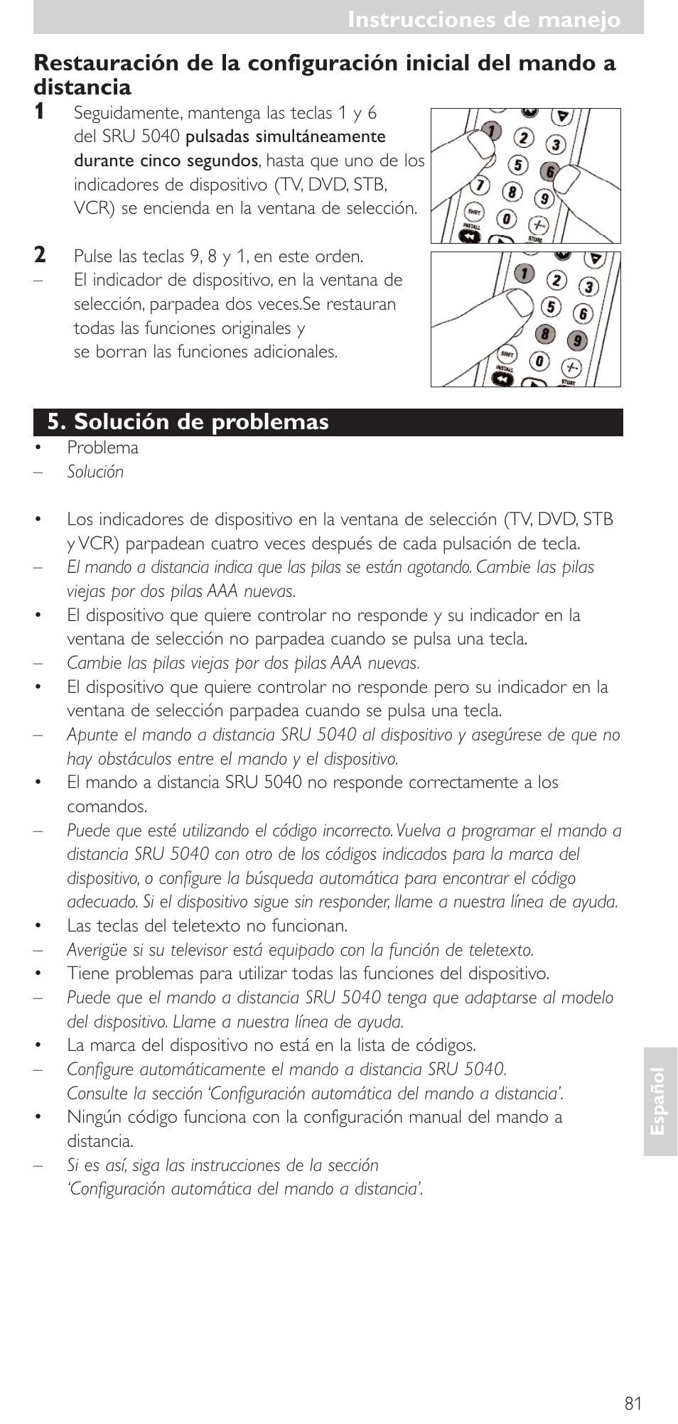 Instrucciones de manejo, Solución de problemas | Philips Mando a distancia universal User Manual | Page 81 / 120