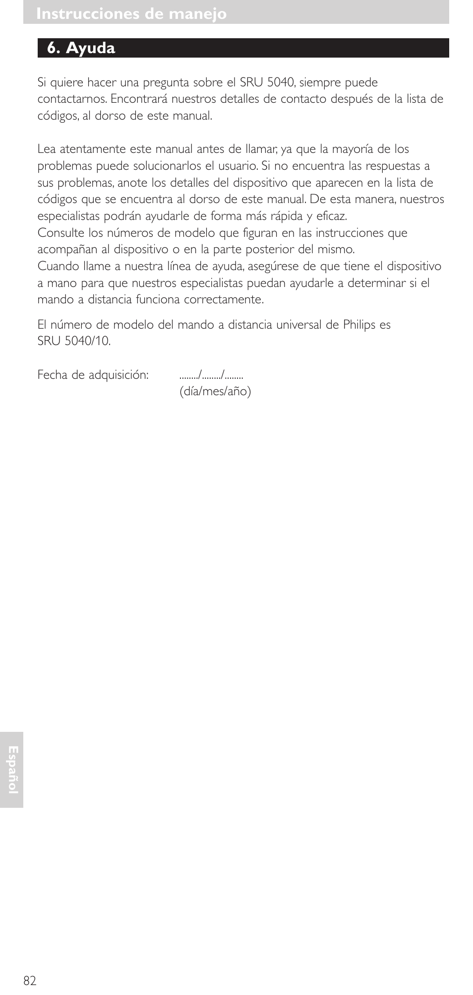 Ayuda, Instrucciones de manejo | Philips Mando a distancia universal User Manual | Page 82 / 120