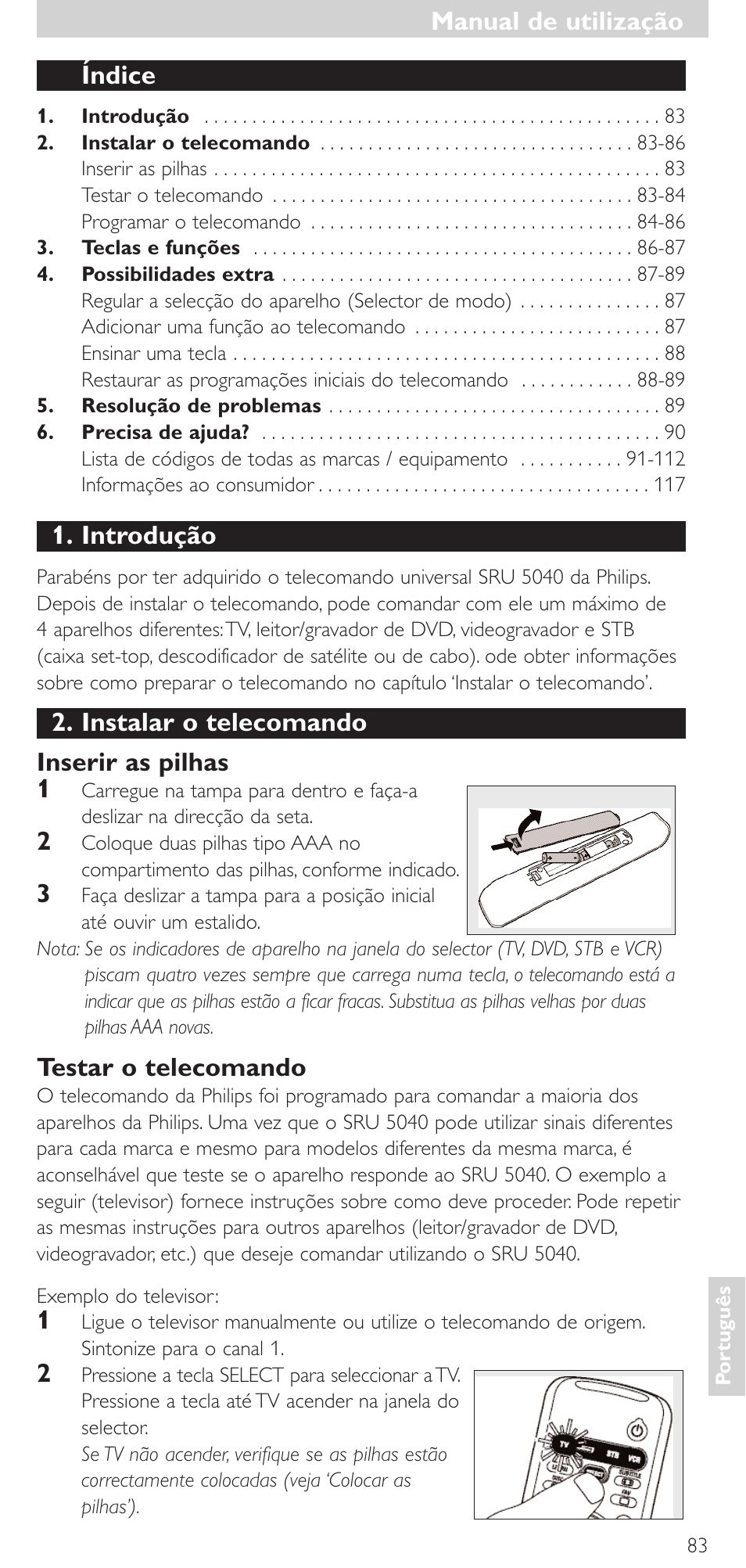 Índice, Introdução, Instalar o telecomando inserir as pilhas 1 | Testar o telecomando, Manual de utilização | Philips Mando a distancia universal User Manual | Page 83 / 120